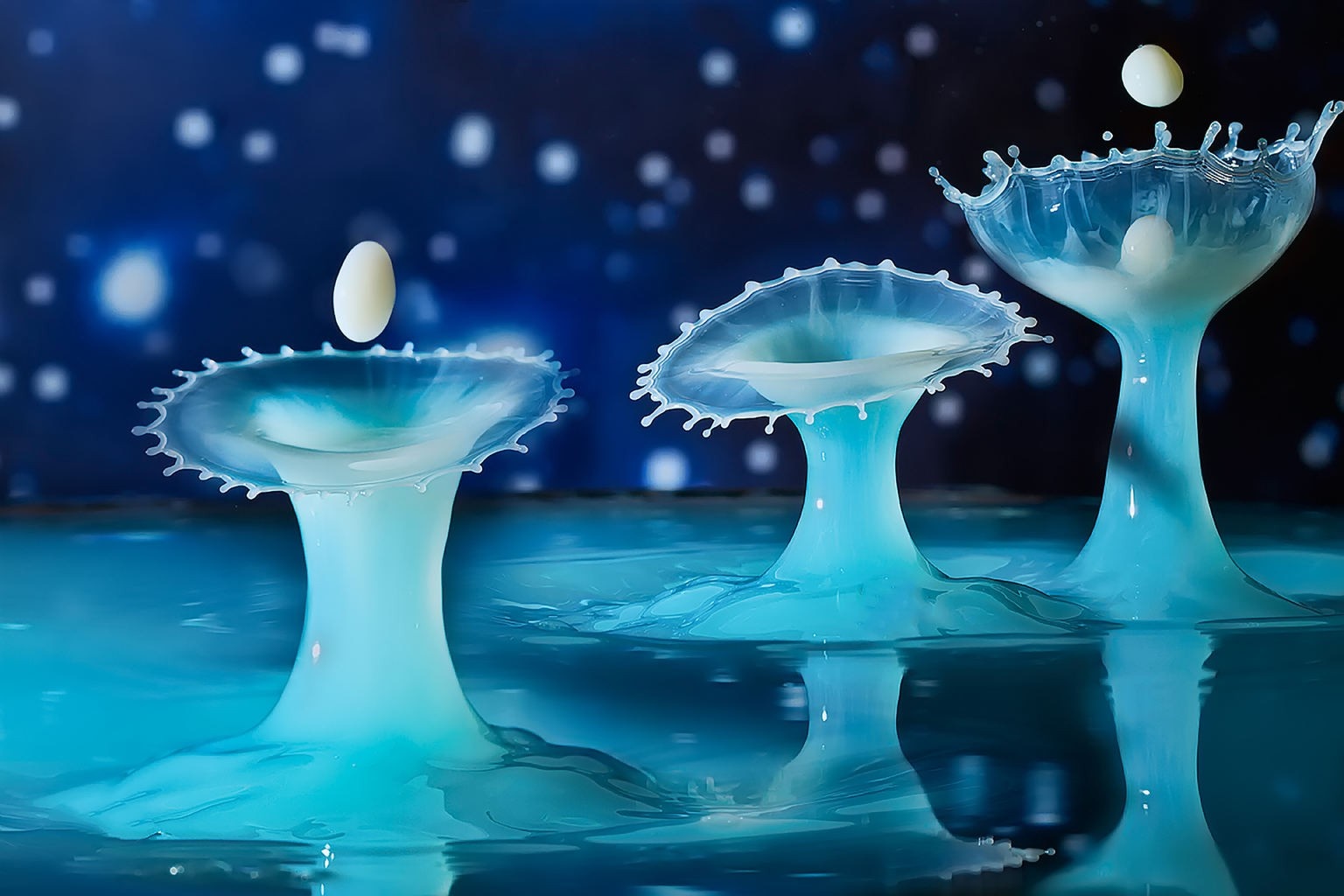 Water drops splashing in blue liquid HD Wallpaper