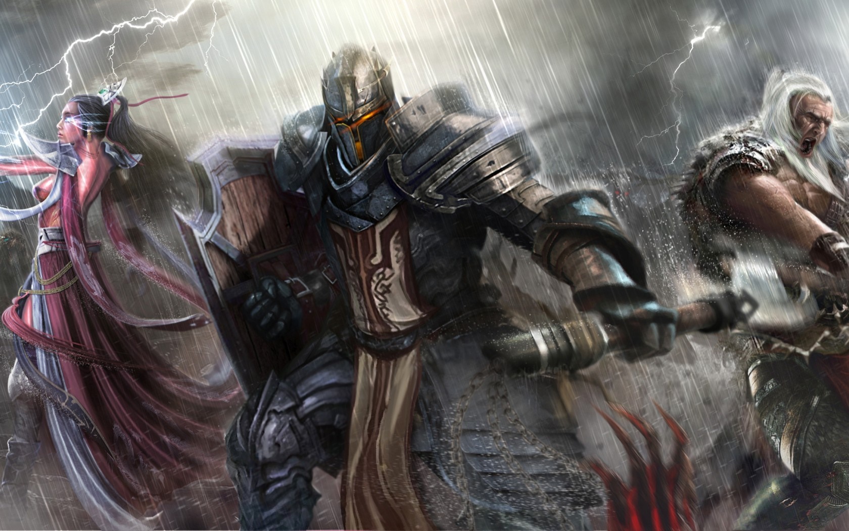 Fantasy warriors in a stormy battle HD Wallpaper