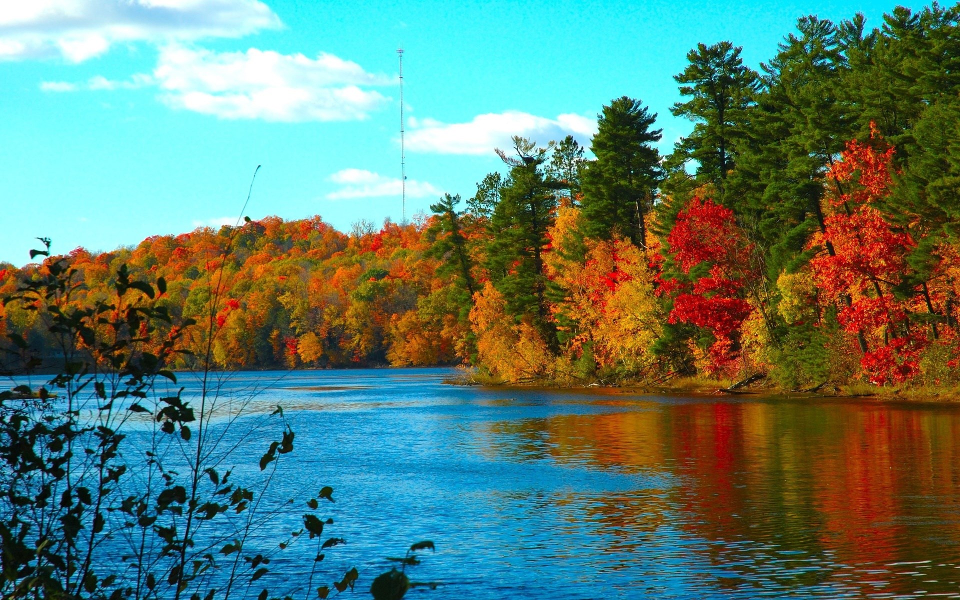 Autumn forest reflected in a blue lake HD Wallpaper