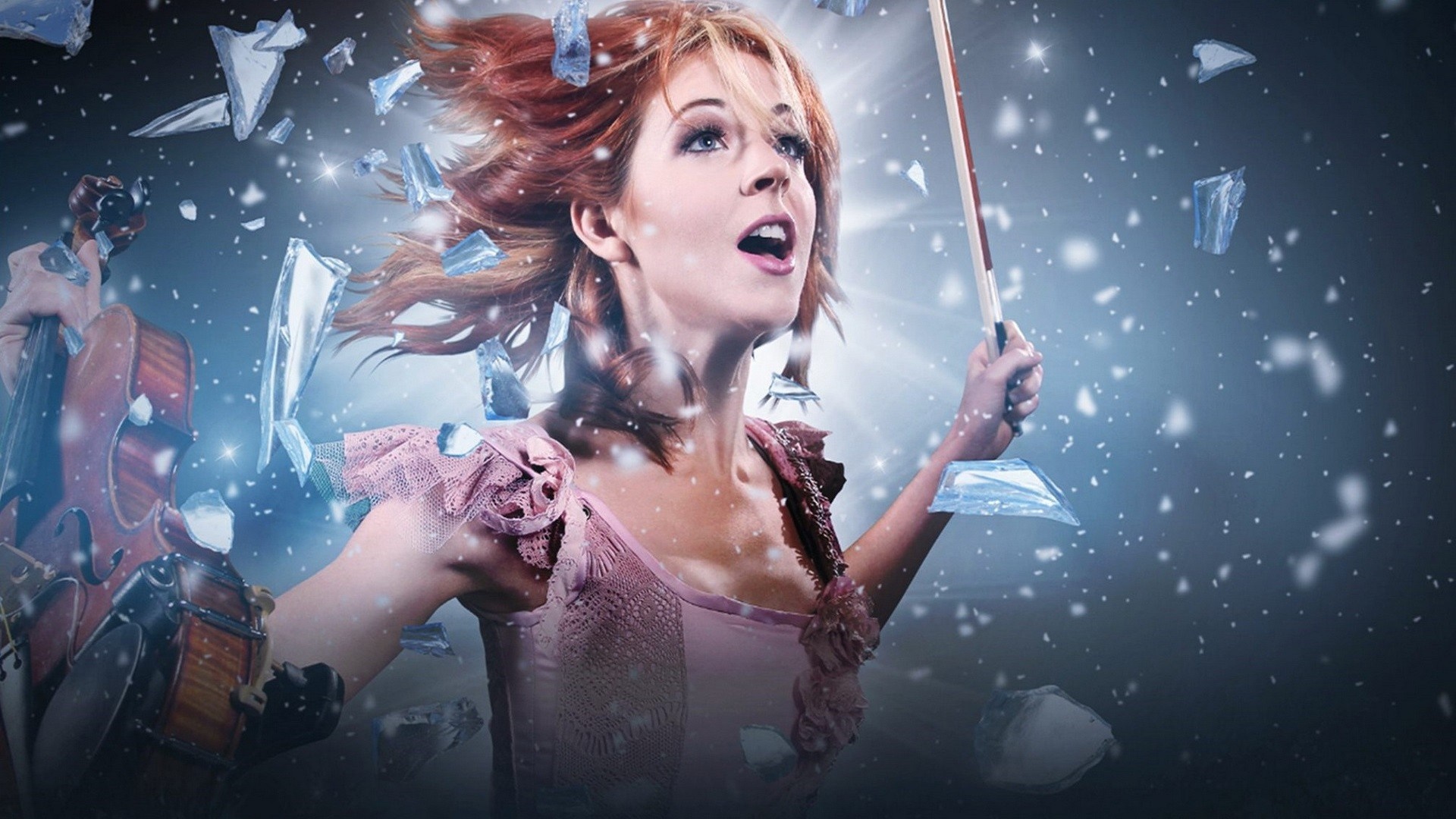 Lindsey Stirling with violin and shattered glass HD Wallpaper