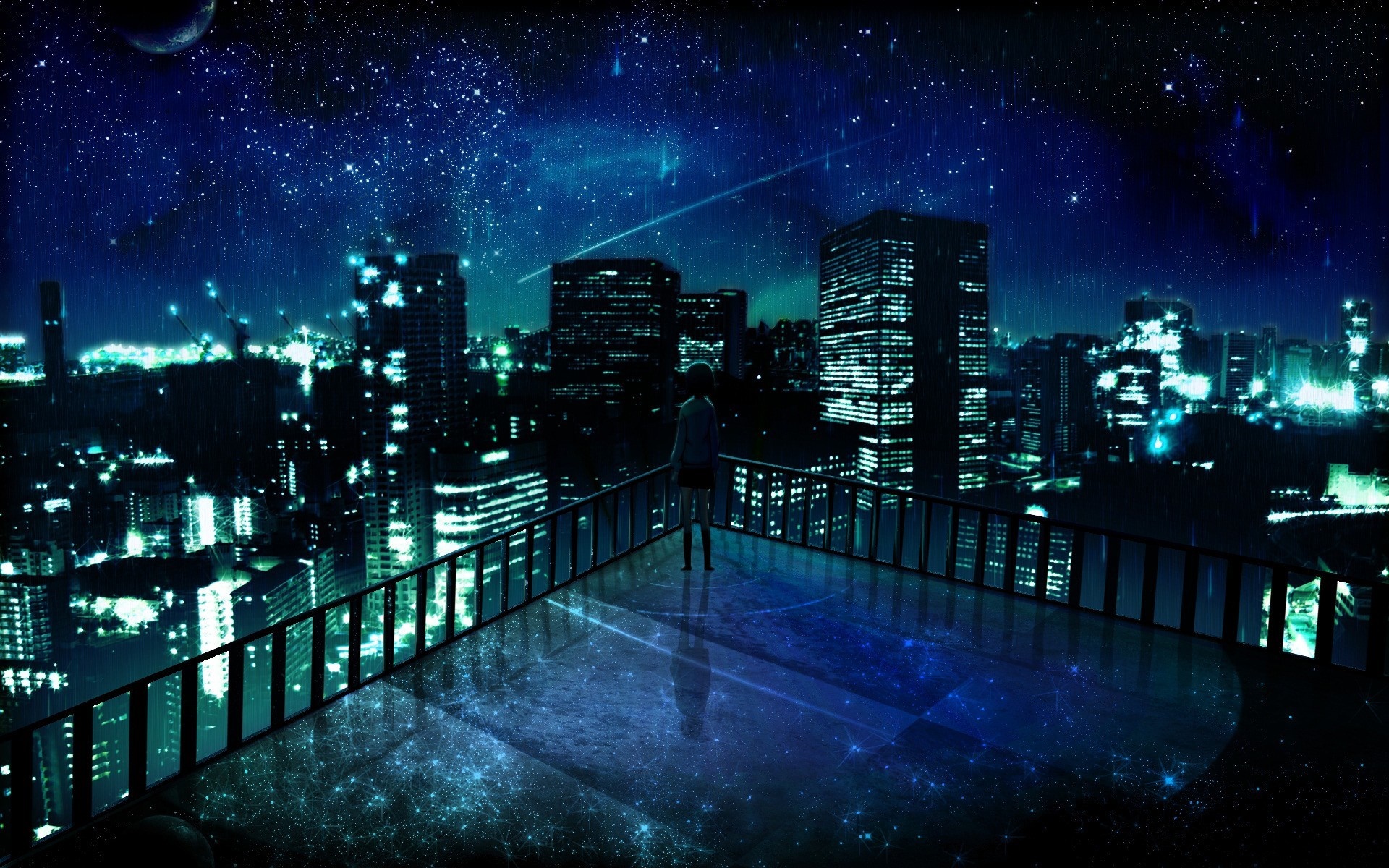 Girl on balcony overlooking a starry cityscape at night HD Wallpaper