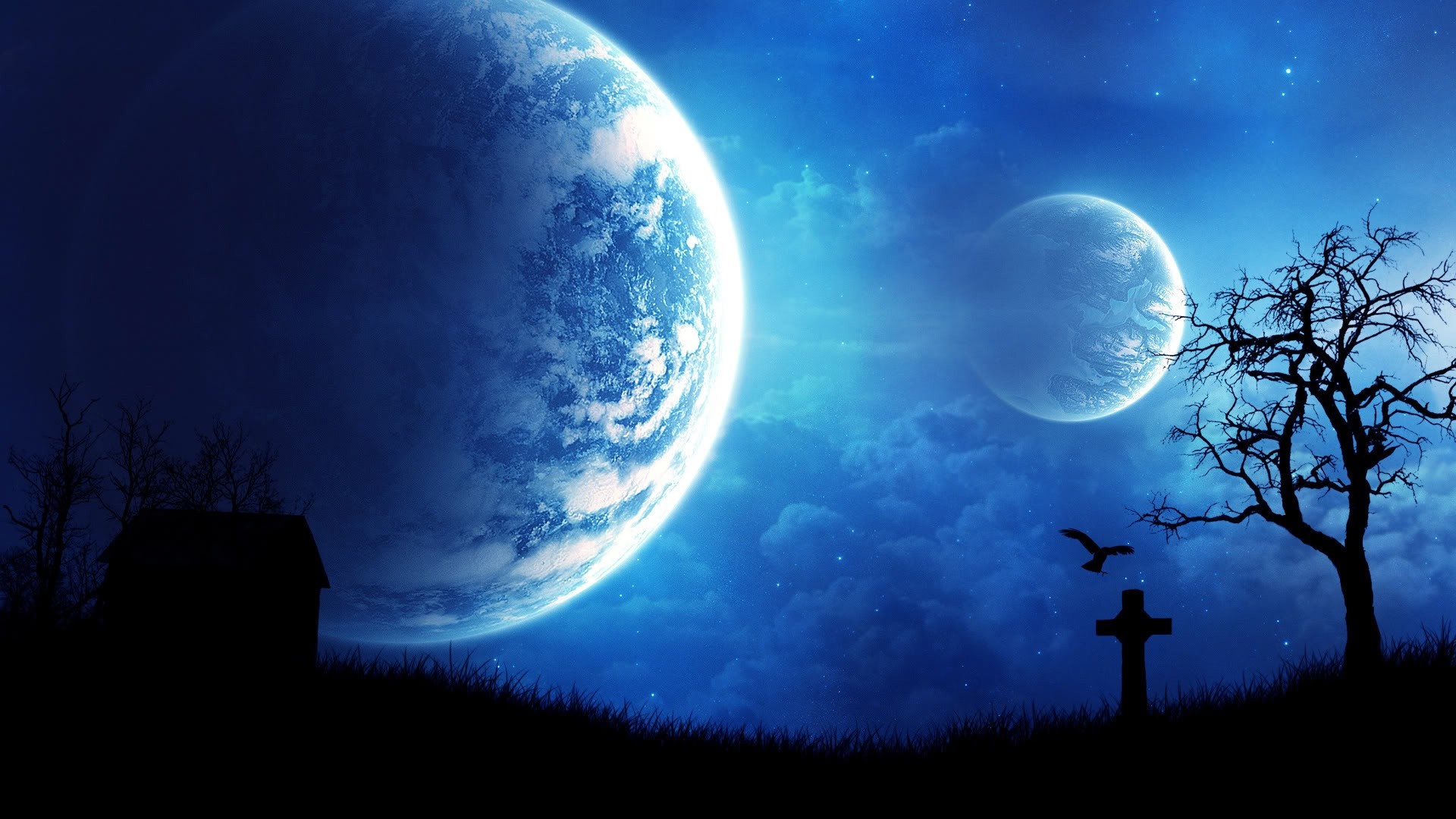 Two planets in the night sky over a graveyard HD Wallpaper
