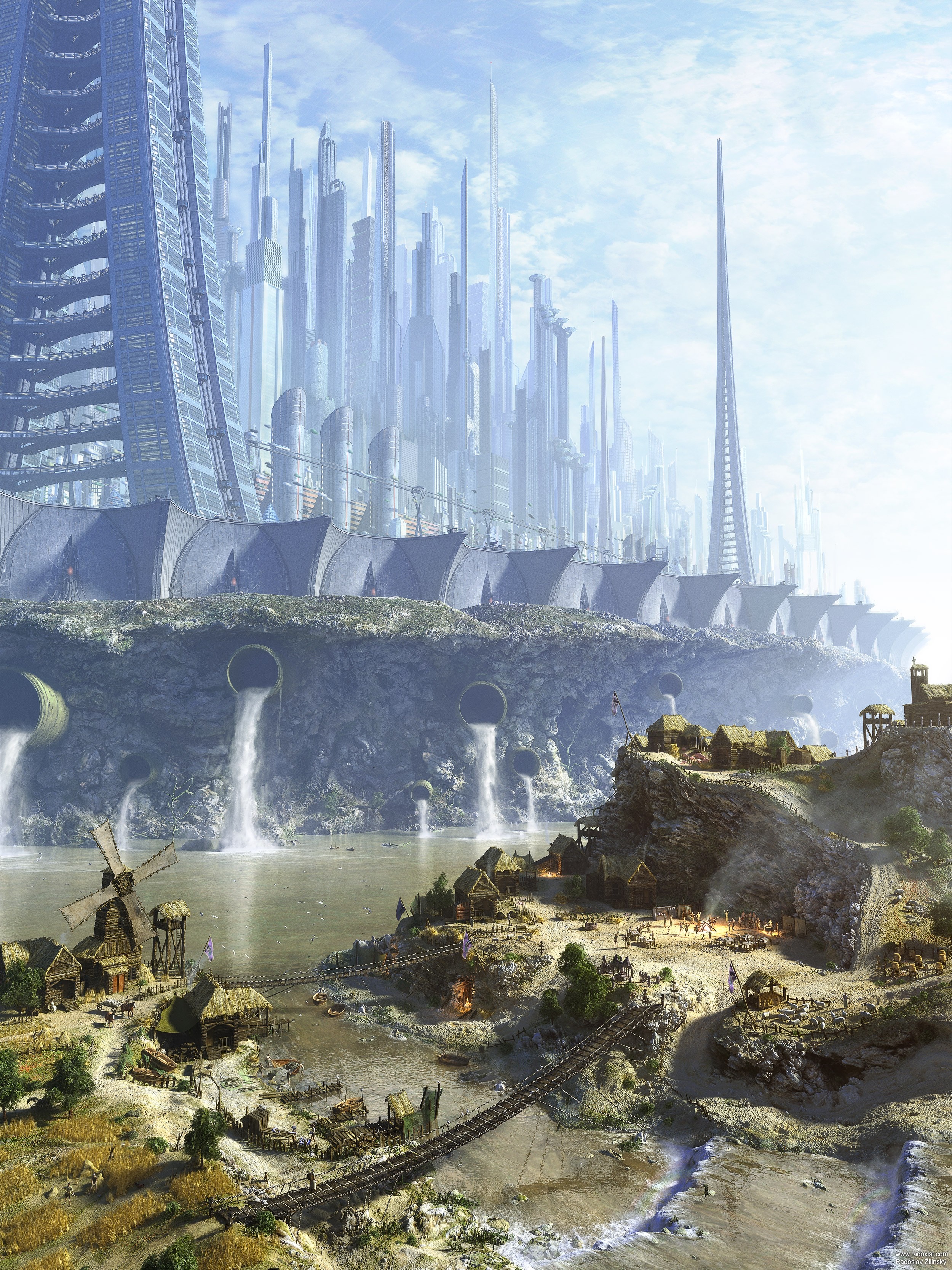 Futuristic city with waterfalls and a village HD Wallpaper