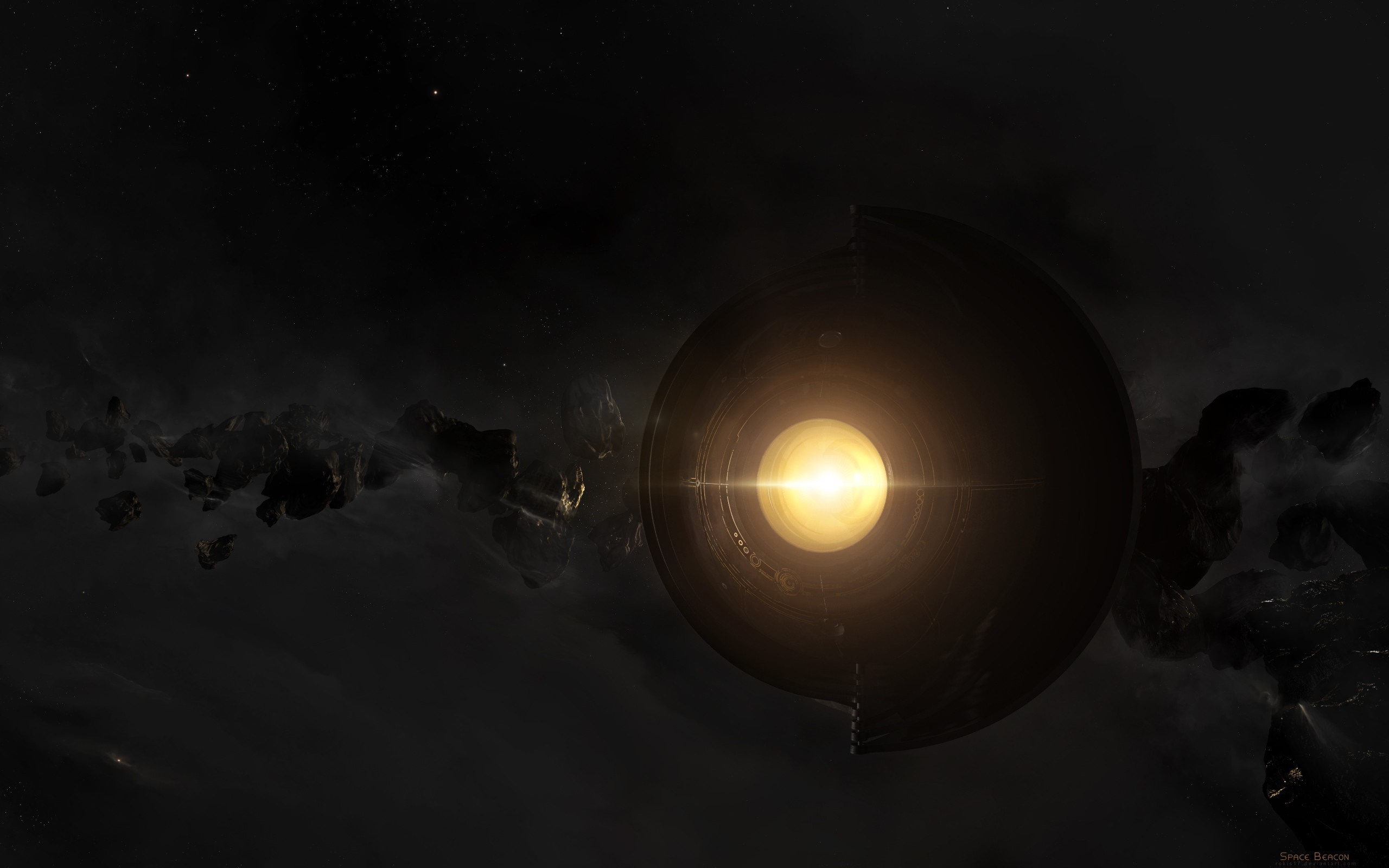 Space scene with a large circular object and asteroids HD Wallpaper