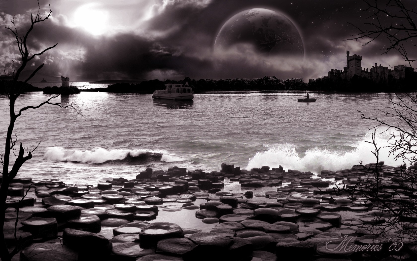 Monochrome landscape with a large moon and castle HD Wallpaper