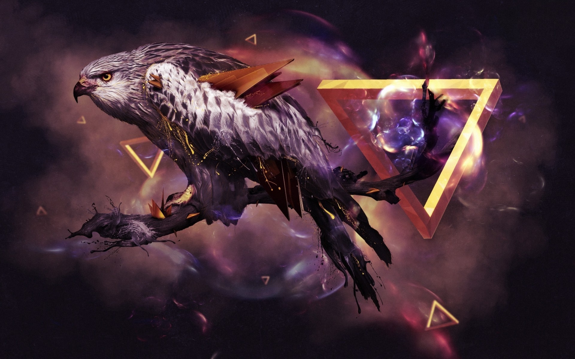 Digital art of a bird of prey on a branch with triangles HD Wallpaper