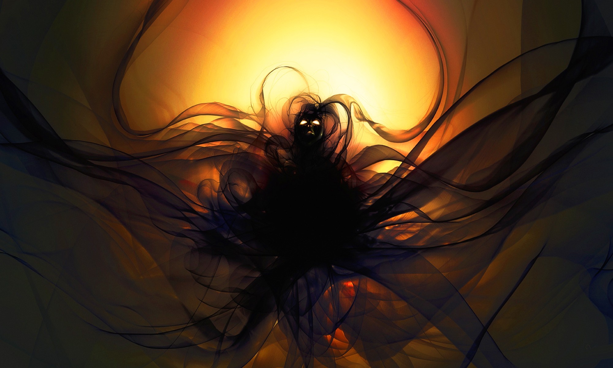 Dark entity with glowing eyes and flowing dark wings HD Wallpaper