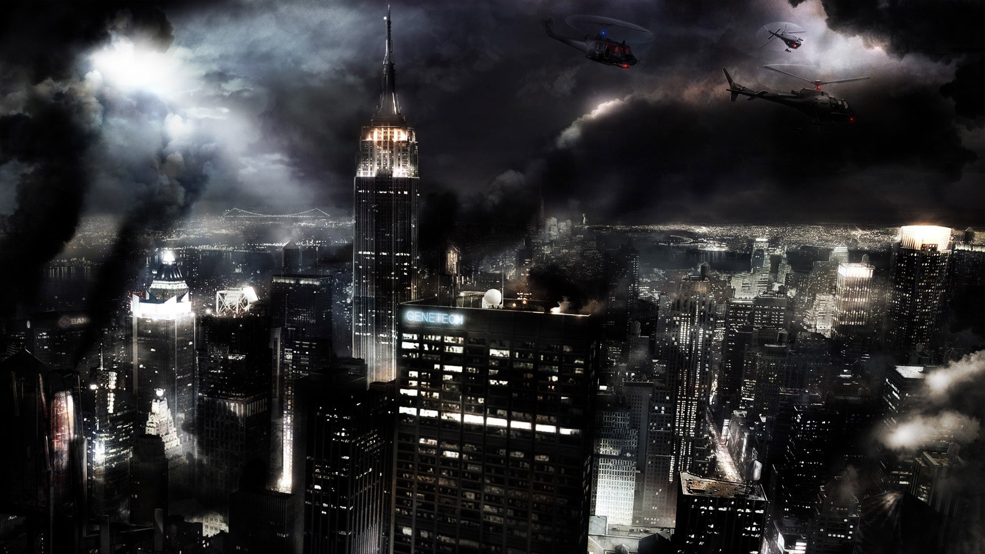 Dark Cityscape with Helicopters and Smoke HD Wallpaper
