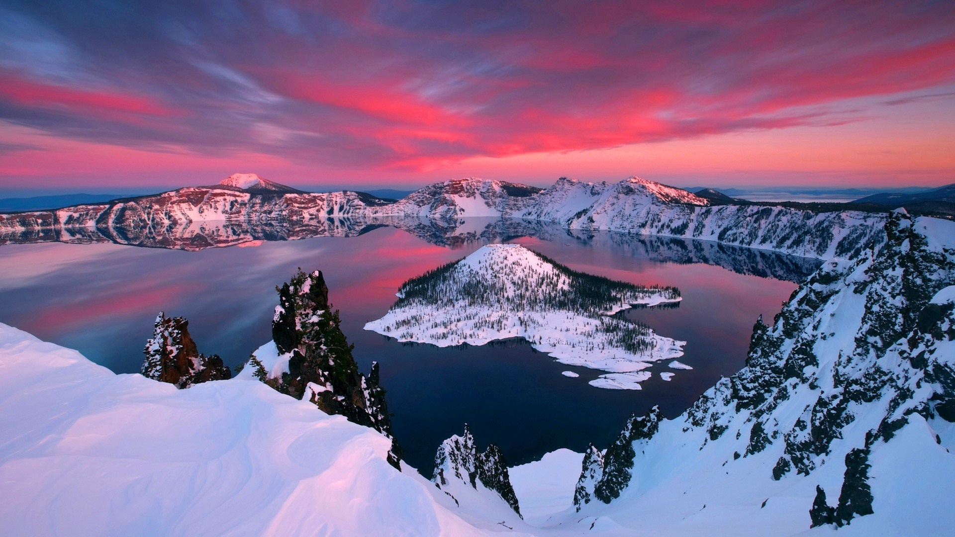 Snowy Crater Lake at Sunrise with Pink Sky HD Wallpaper