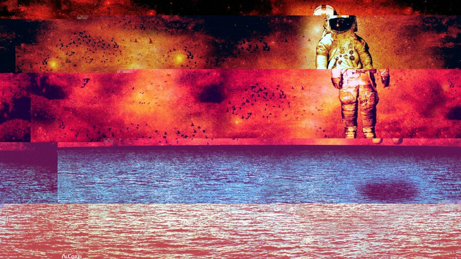 Astronaut in a glitch art cosmic landscape HD Wallpaper