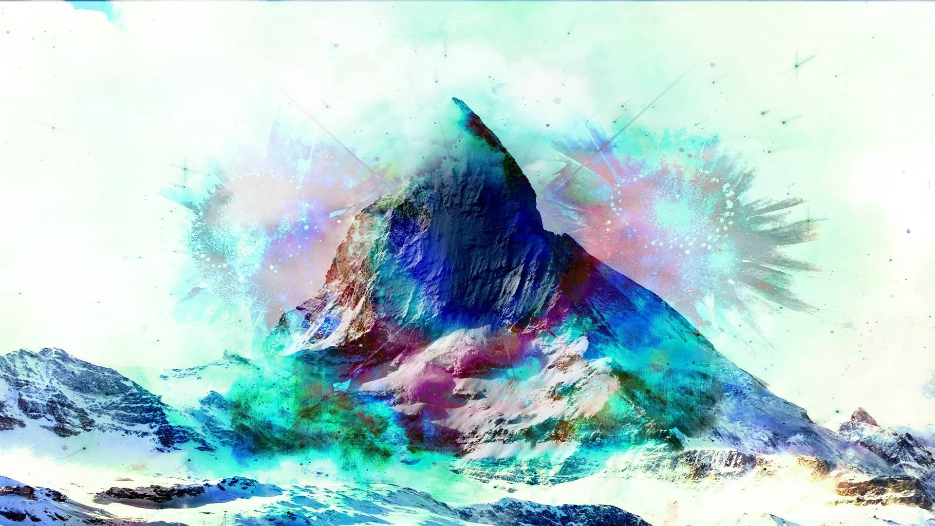 Abstract mountain range with colorful paint splatters HD Wallpaper