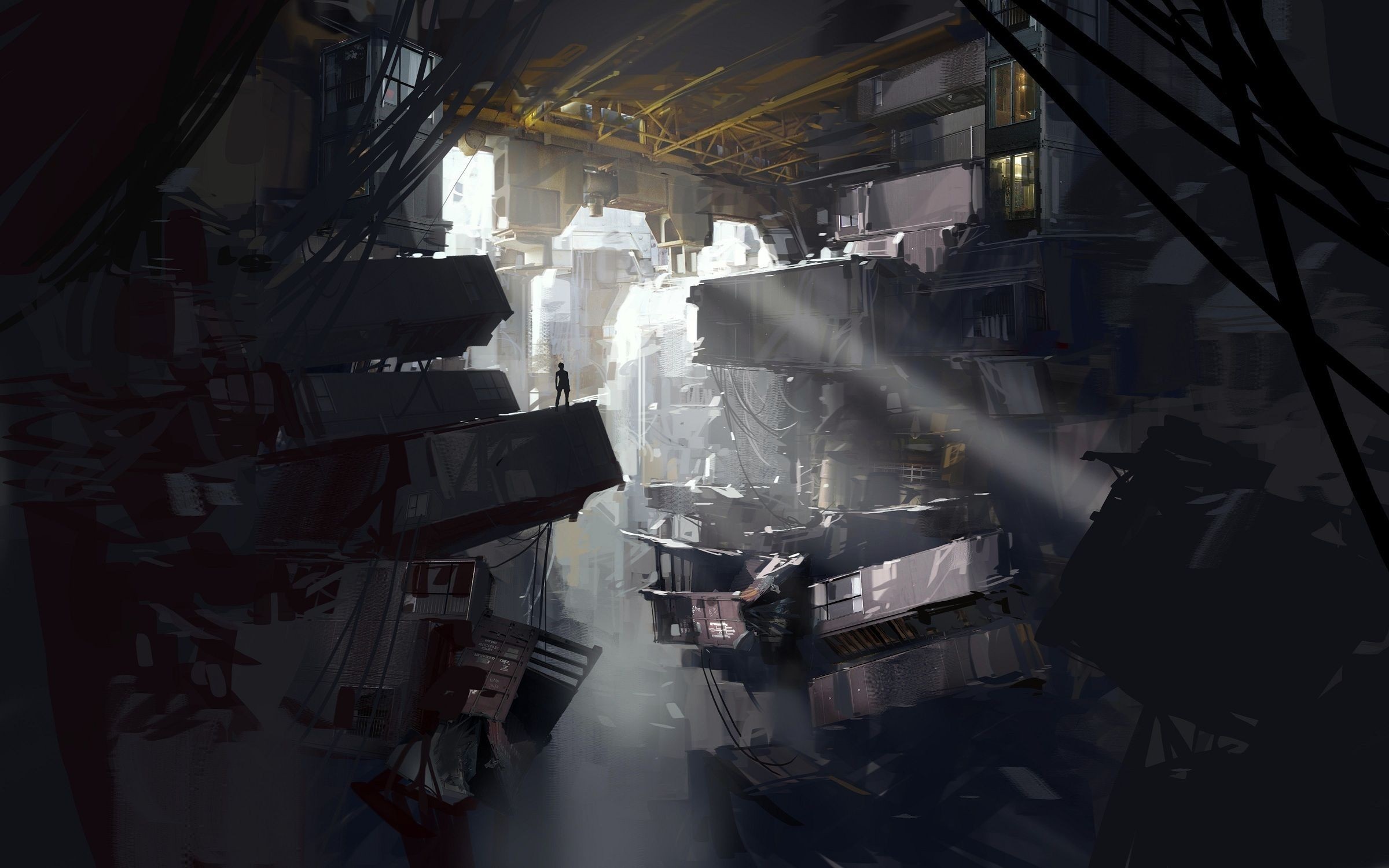 Science fiction city with a lone figure HD Wallpaper