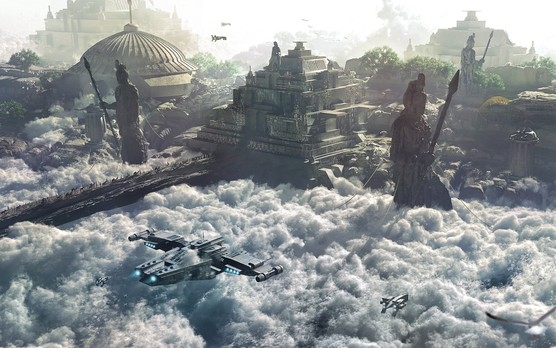 Science fiction city in the clouds with spacecraft HD Wallpaper