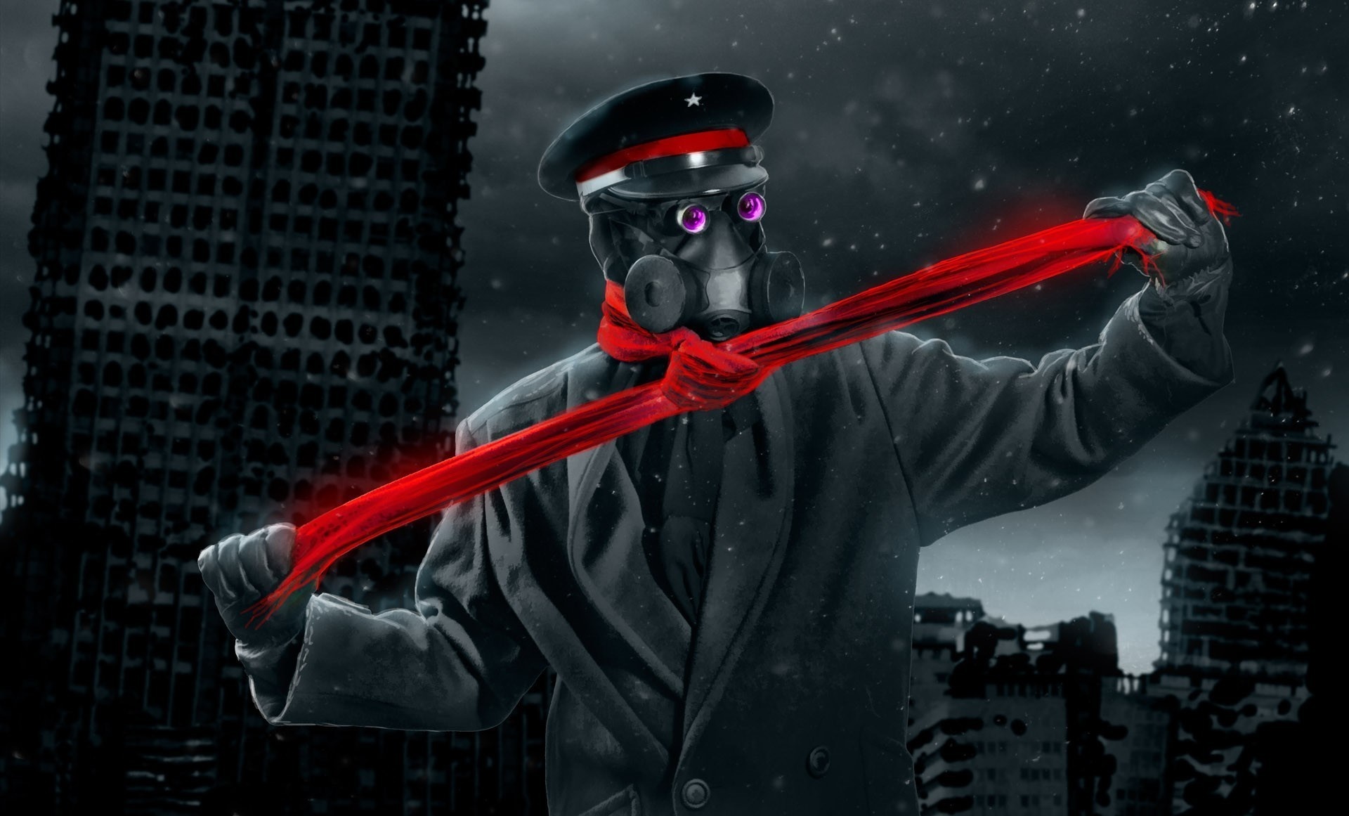 Fictional character in gas mask and red scarf in destroyed city HD Wallpaper