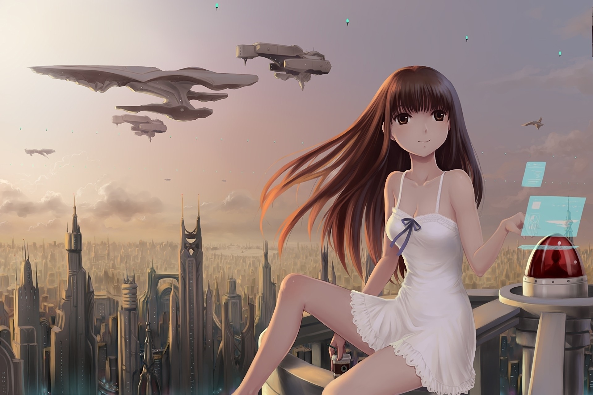 Anime girl in white dress overlooking sci-fi city HD Wallpaper