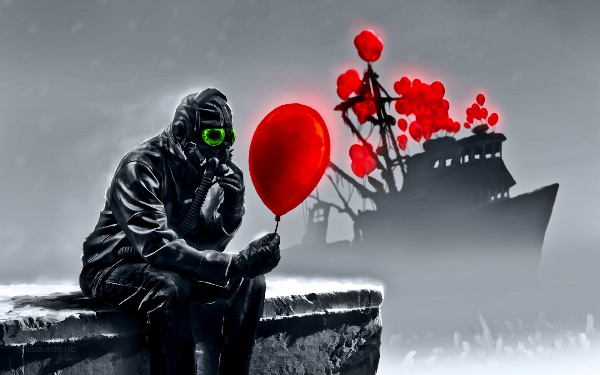 Man in gas mask holding red balloon with ship and balloons HD Wallpaper