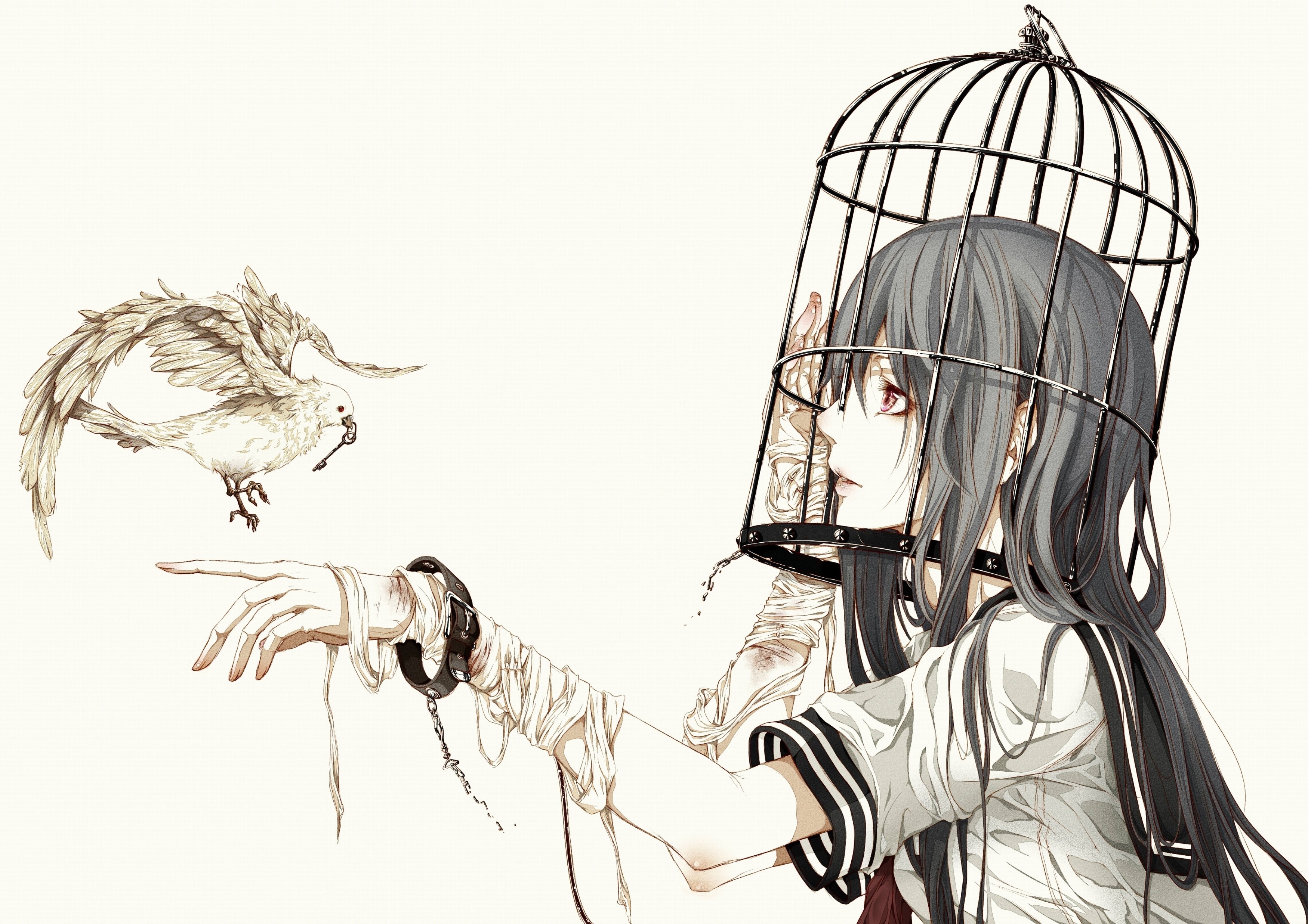 Girl in cage with bird and key HD Wallpaper