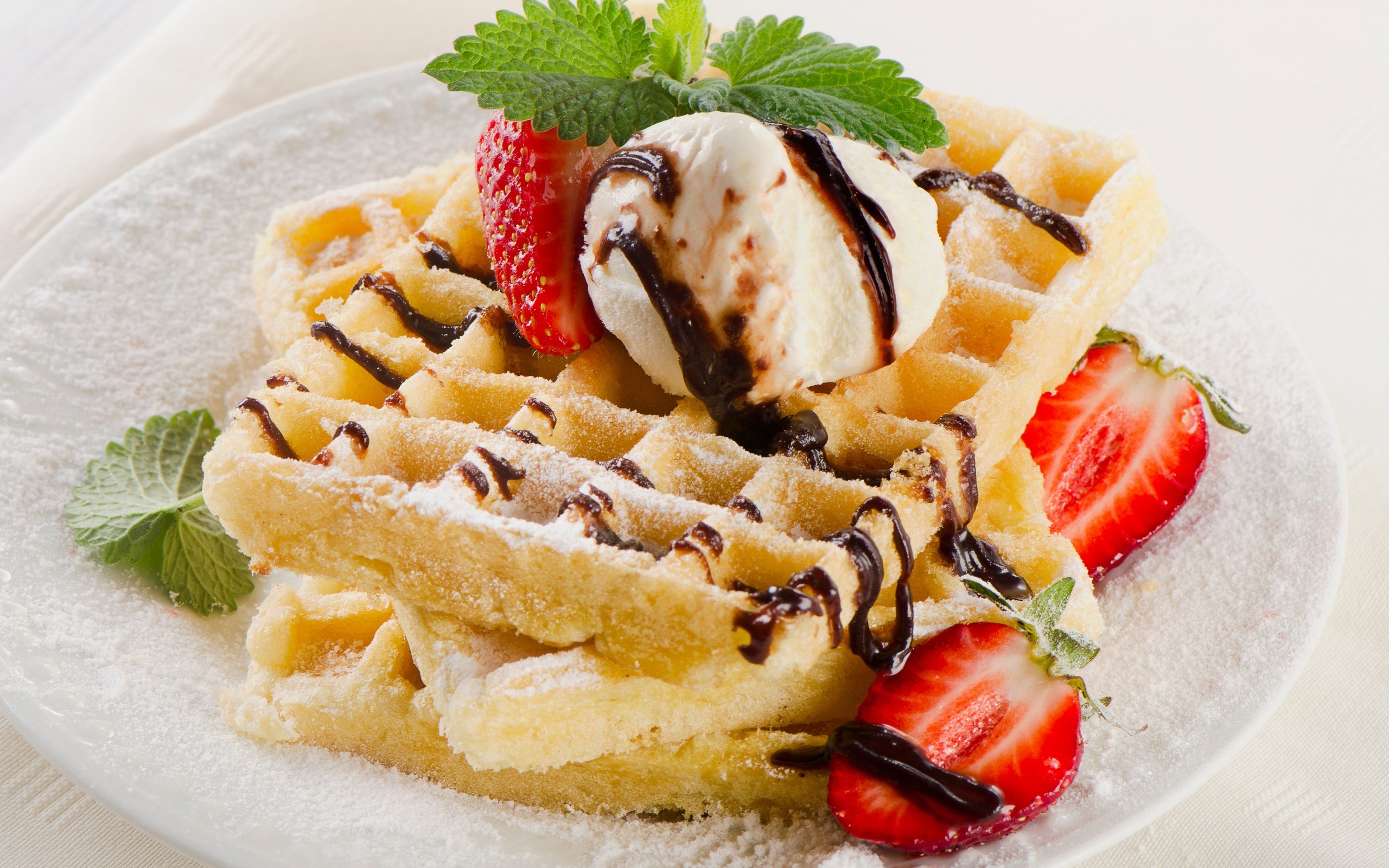 Waffles with ice cream, strawberries, and chocolate syrup HD Wallpaper