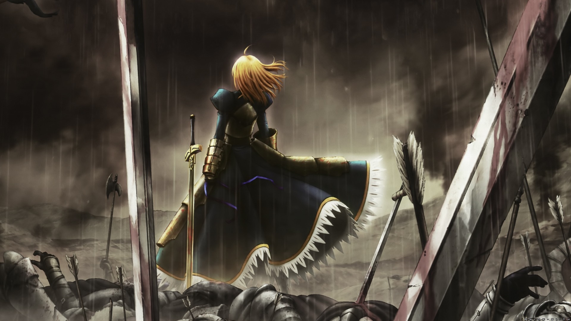 Saber from Fate/stay night on a battlefield HD Wallpaper
