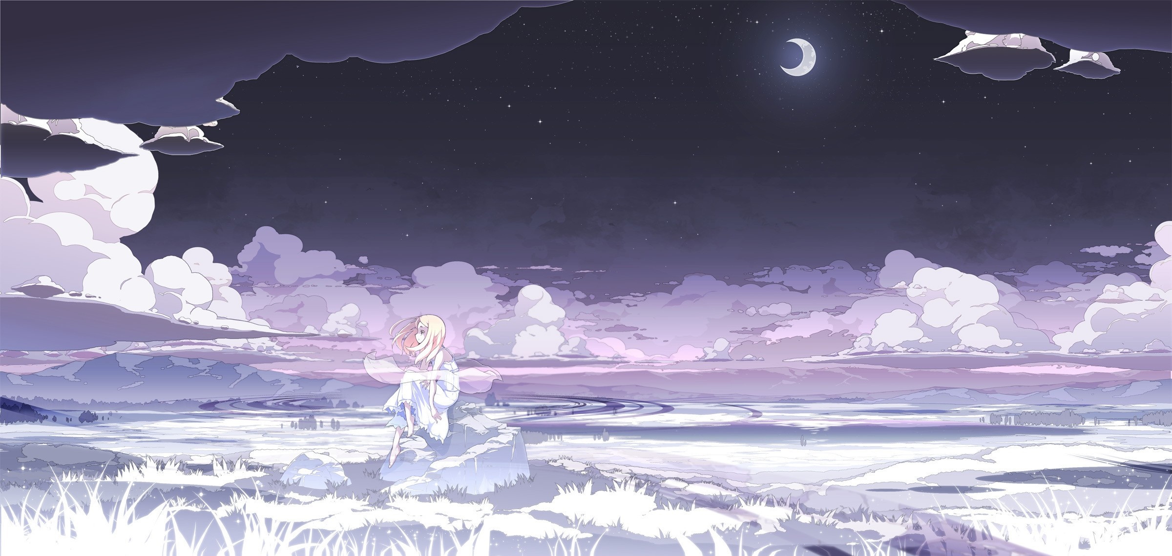 Anime girl sitting in a snowy landscape under a crescent moon HD Wallpaper