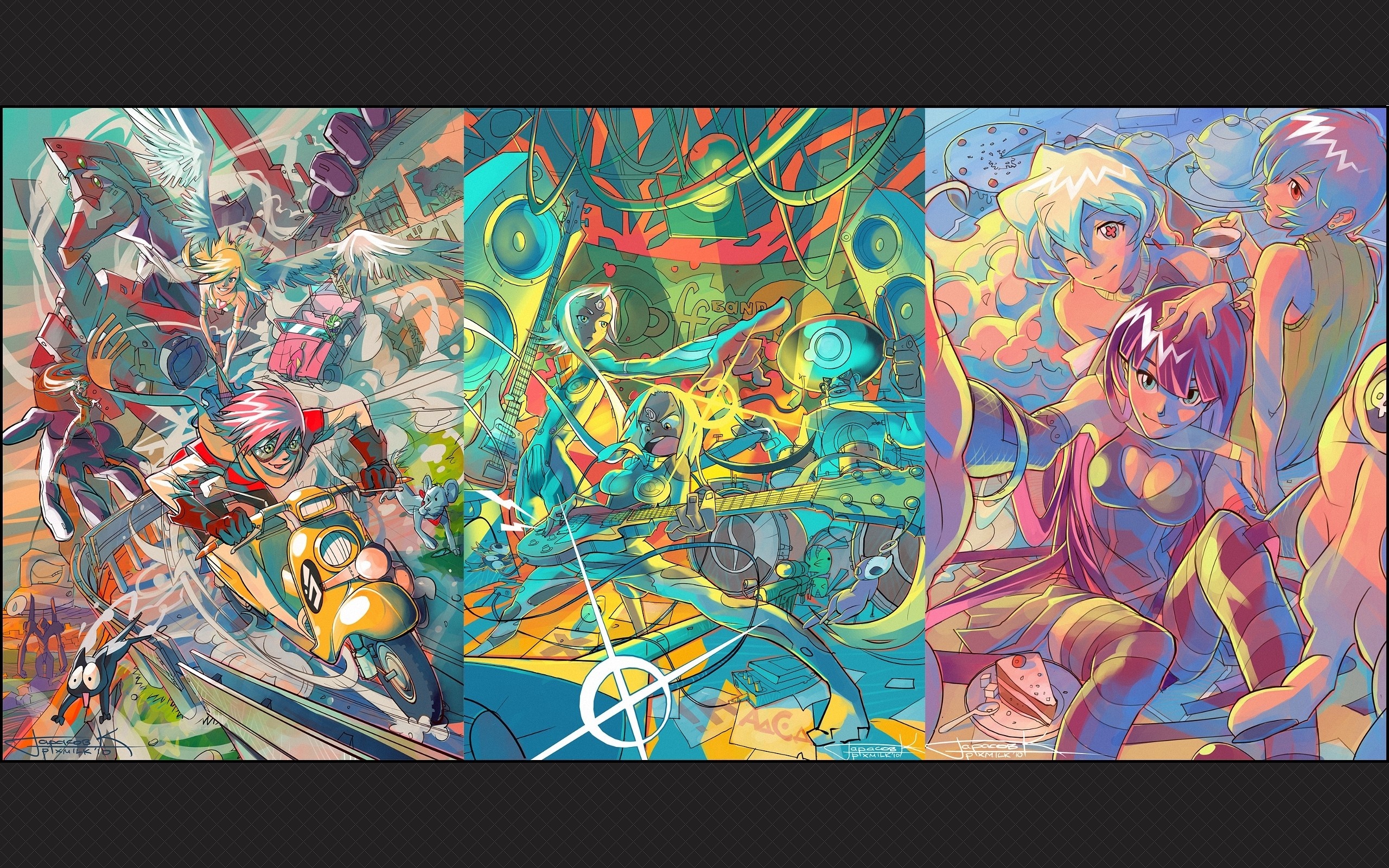 Tengen Toppa Gurren Lagann and FLCL characters in a psychedelic illustration HD Wallpaper