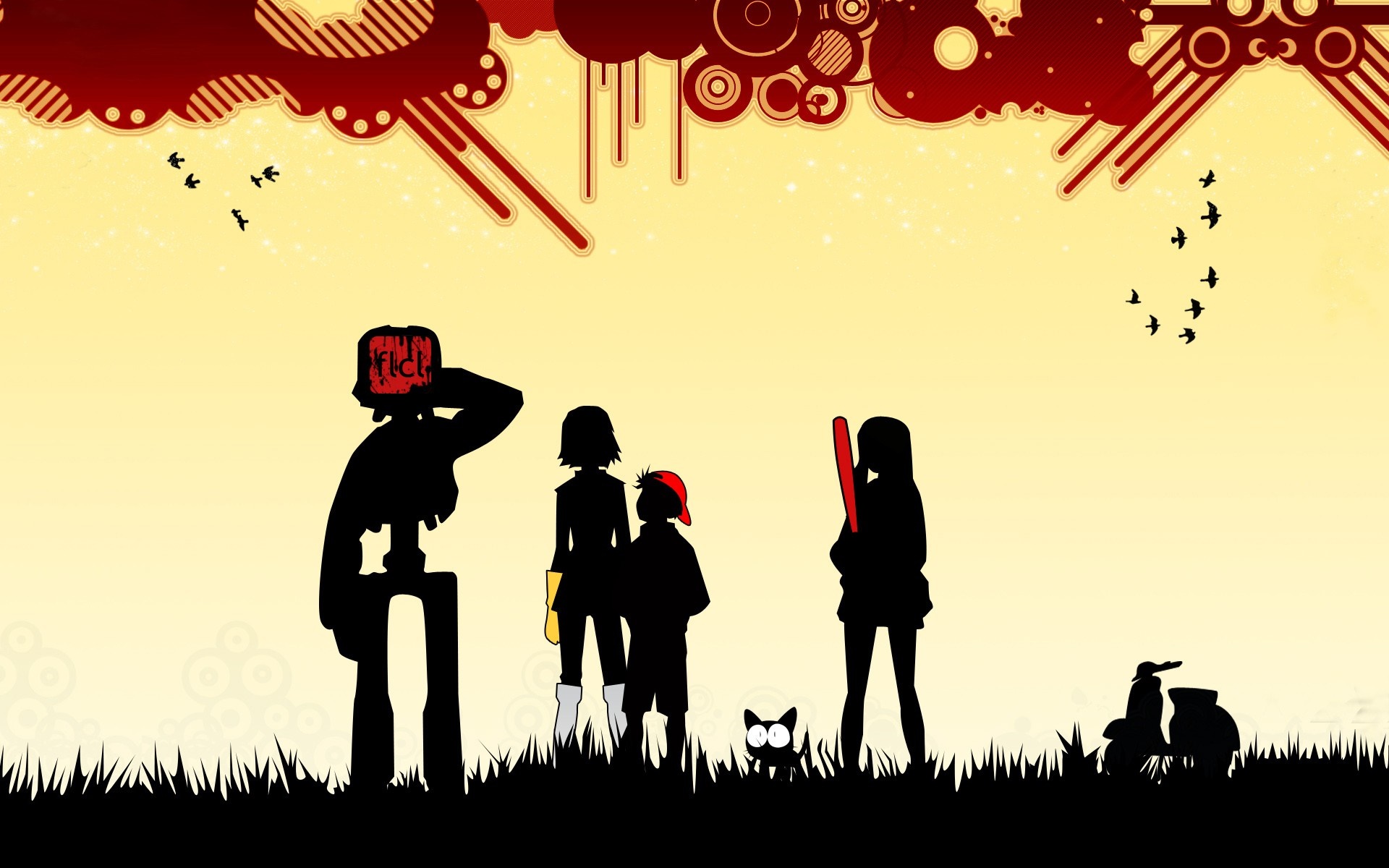 Silhouettes from FLCL with a scooter and birds HD Wallpaper