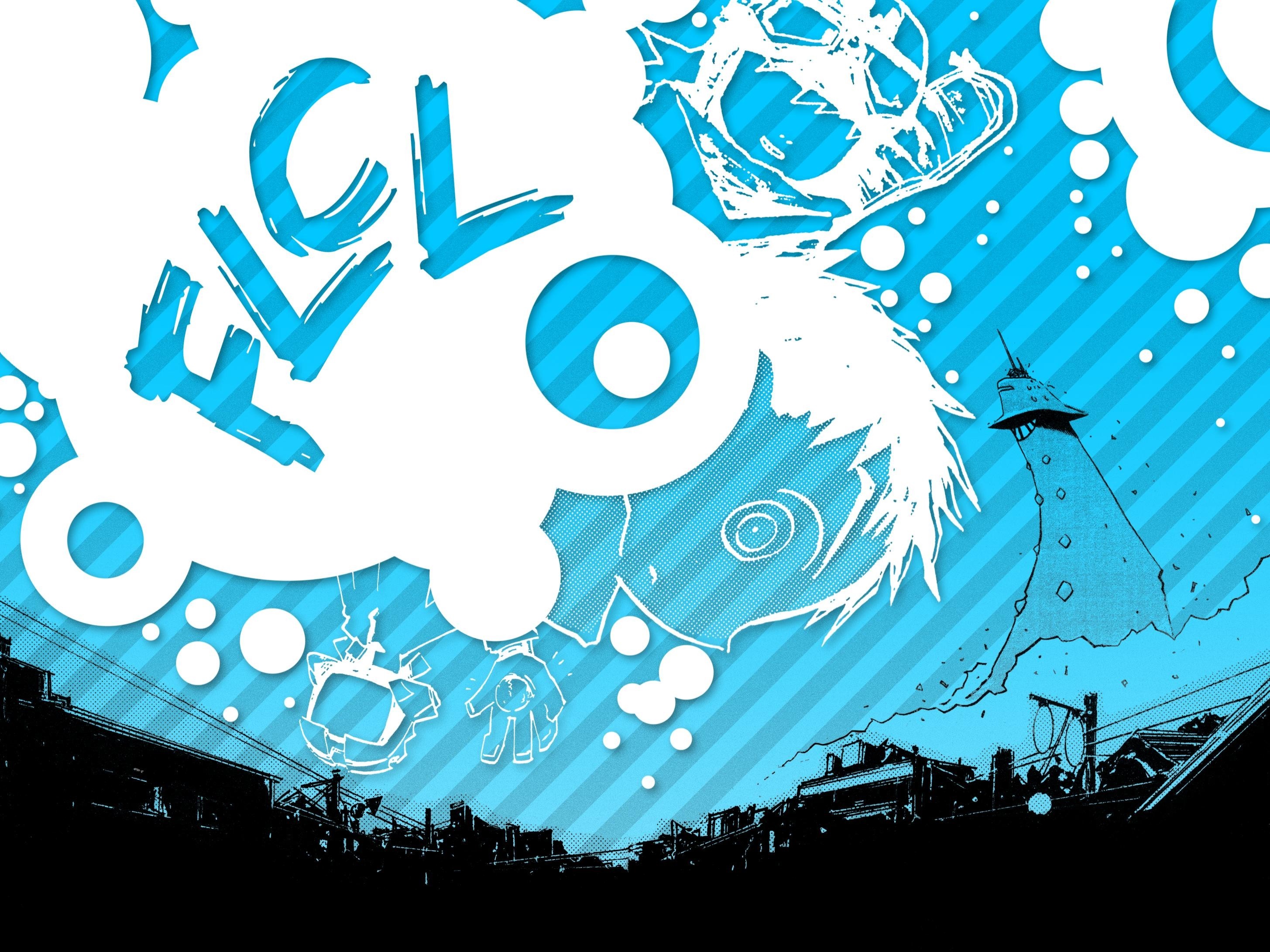 FLCL illustration with text and cityscape HD Wallpaper