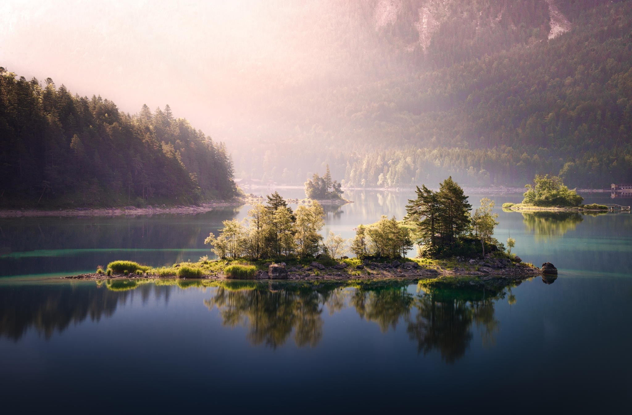 Islands in a misty lake at sunrise HD Wallpaper