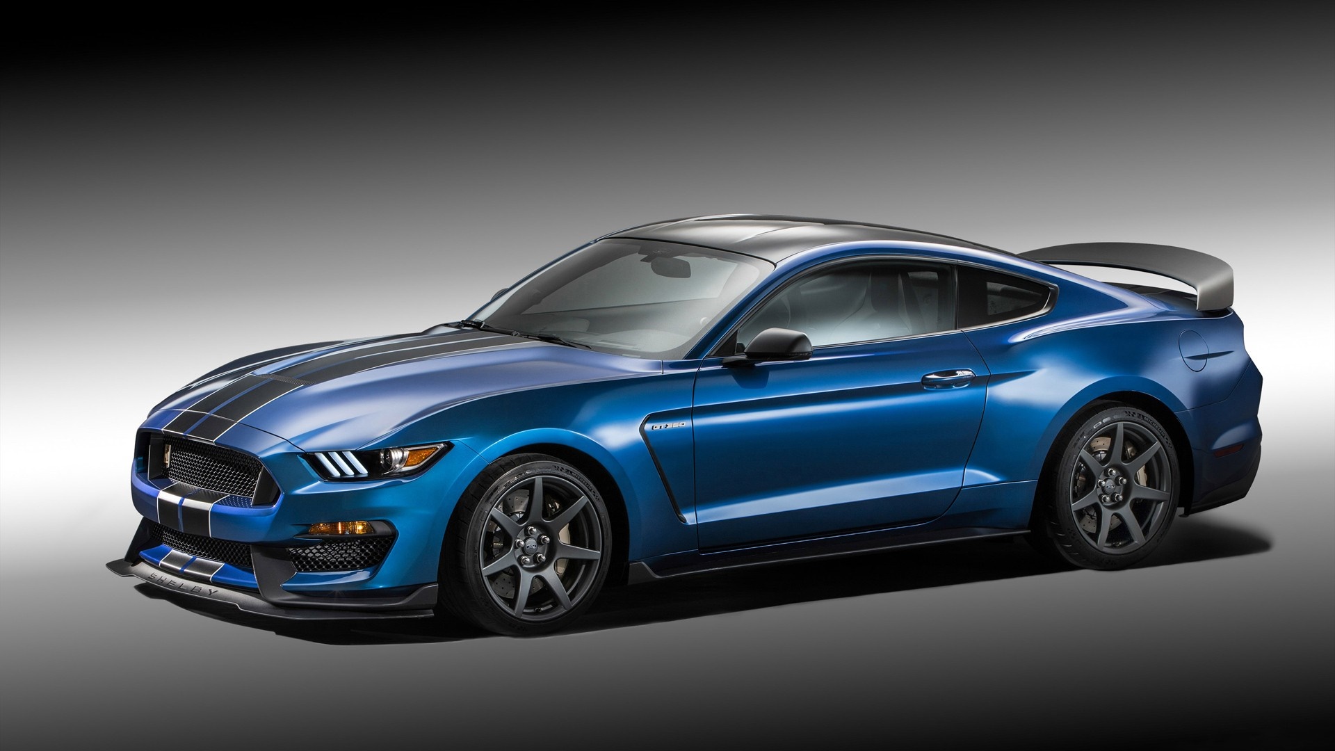 Blue Ford Mustang Shelby GT350 with racing stripes HD Wallpaper