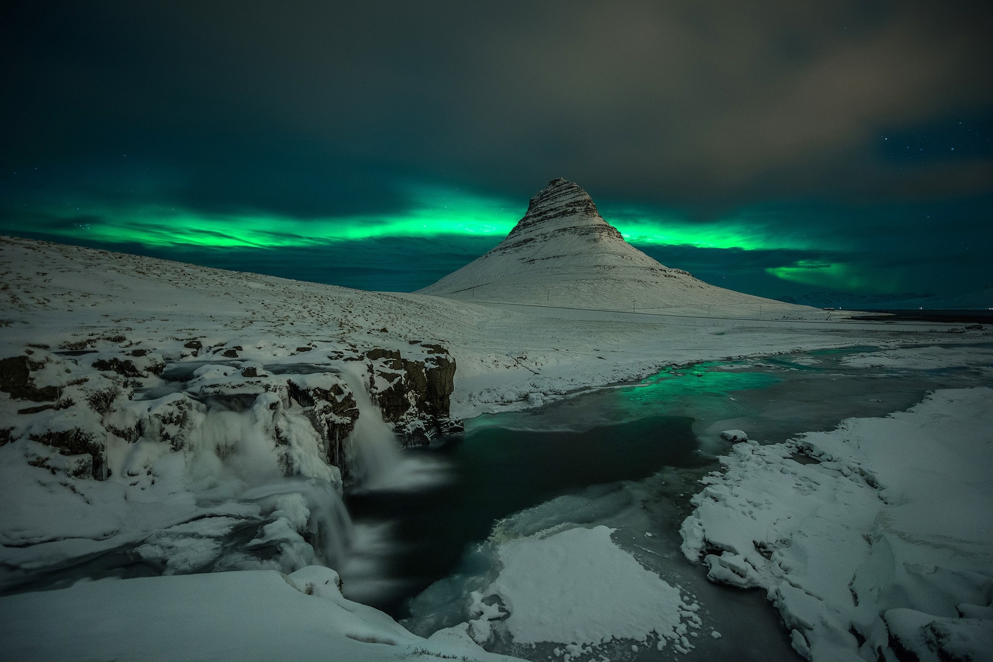 Aurora Borealis Over Snow-Covered Mountain and Frozen River HD Wallpaper