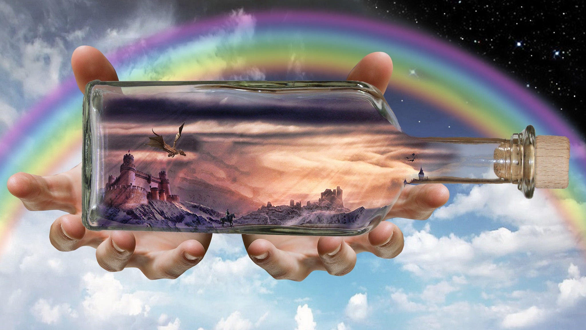 Fantasy landscape in a bottle held by hands HD Wallpaper