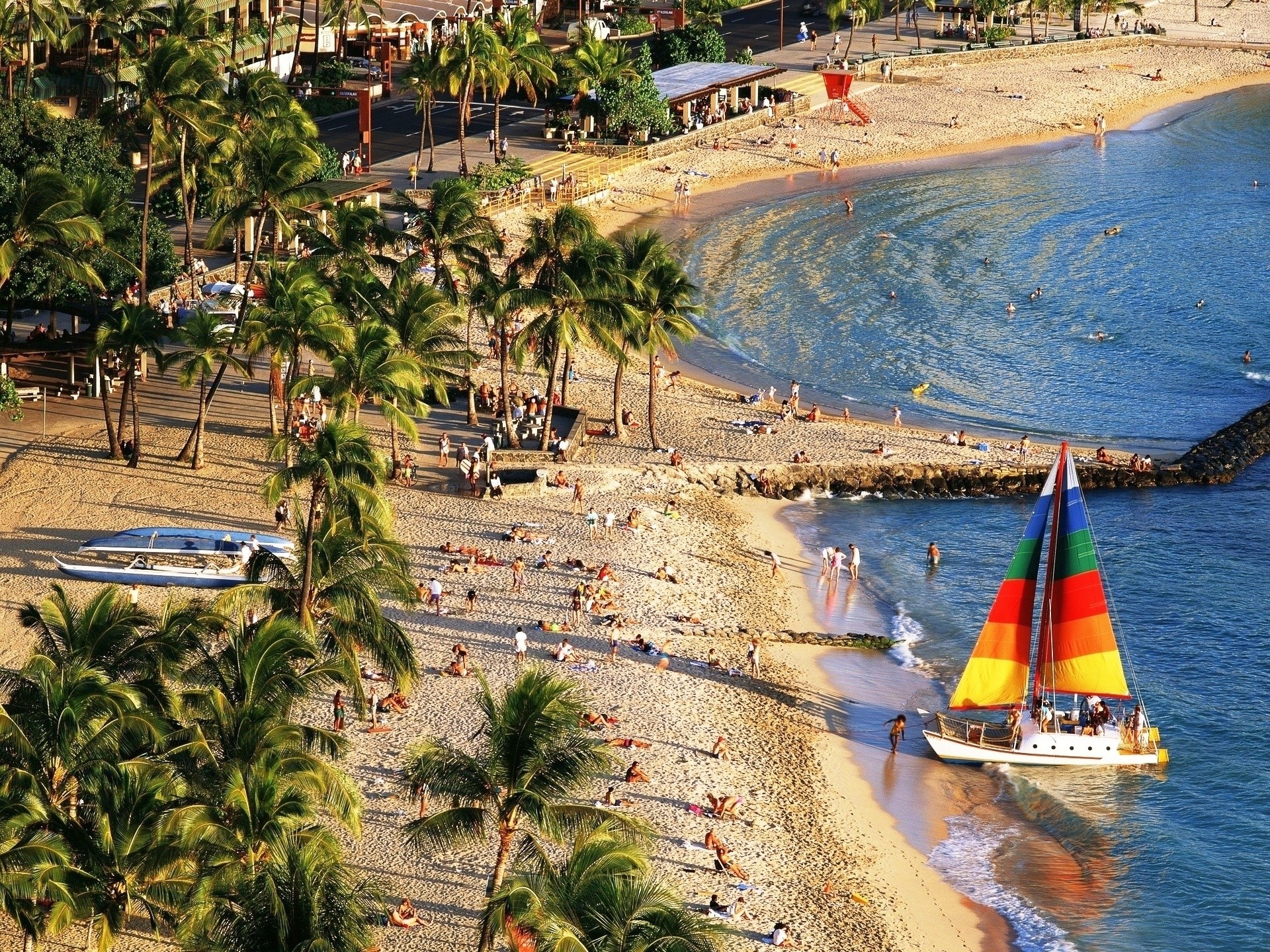Sailboat with colorful sails on a tropical beach with palm trees HD Wallpaper