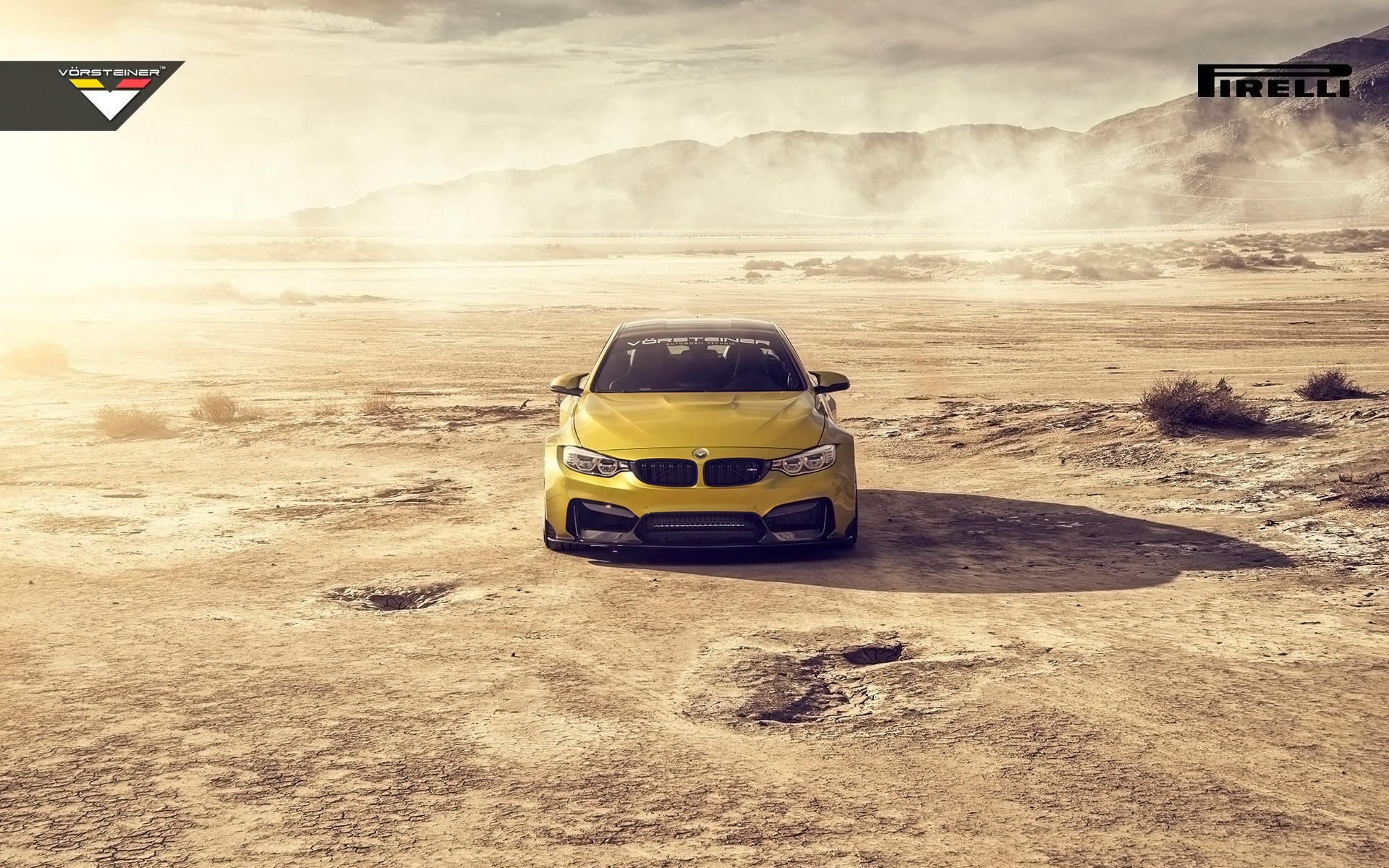 Yellow BMW M4 GTRS4 by Vorsteiner in desert HD Wallpaper