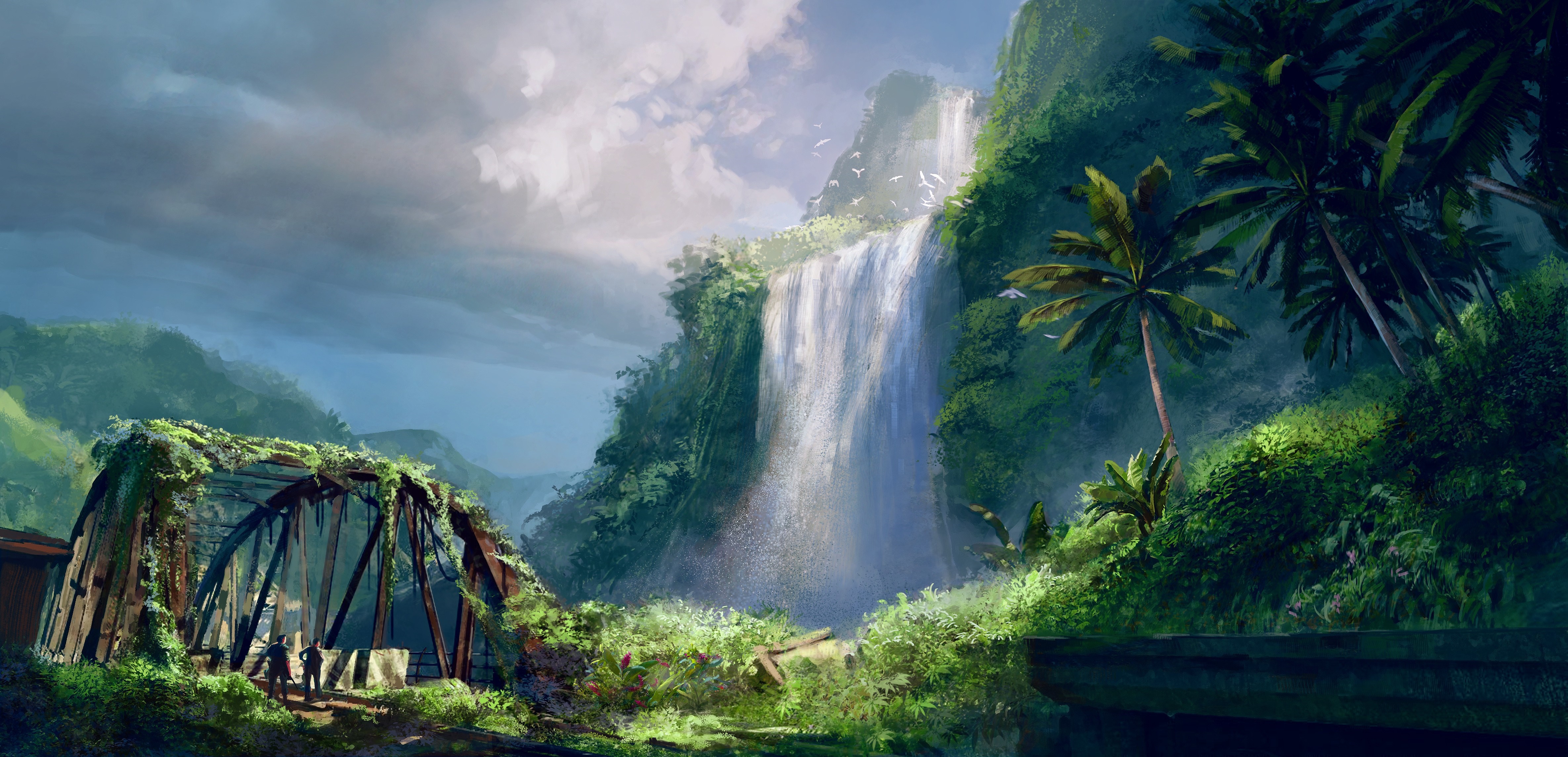 Ruined bridge and waterfall in a tropical jungle HD Wallpaper