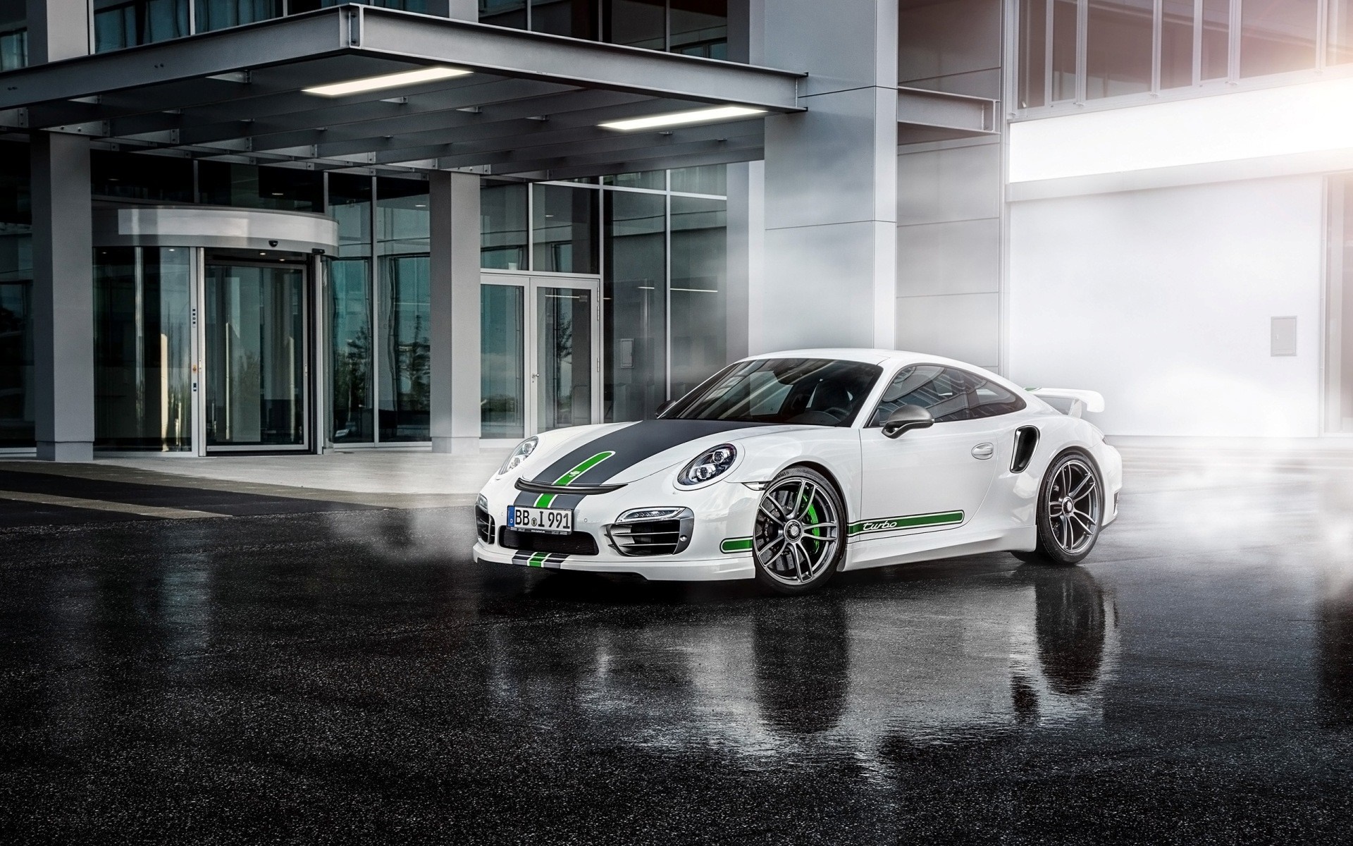 White Porsche 911 Turbo with Green Accents HD Wallpaper