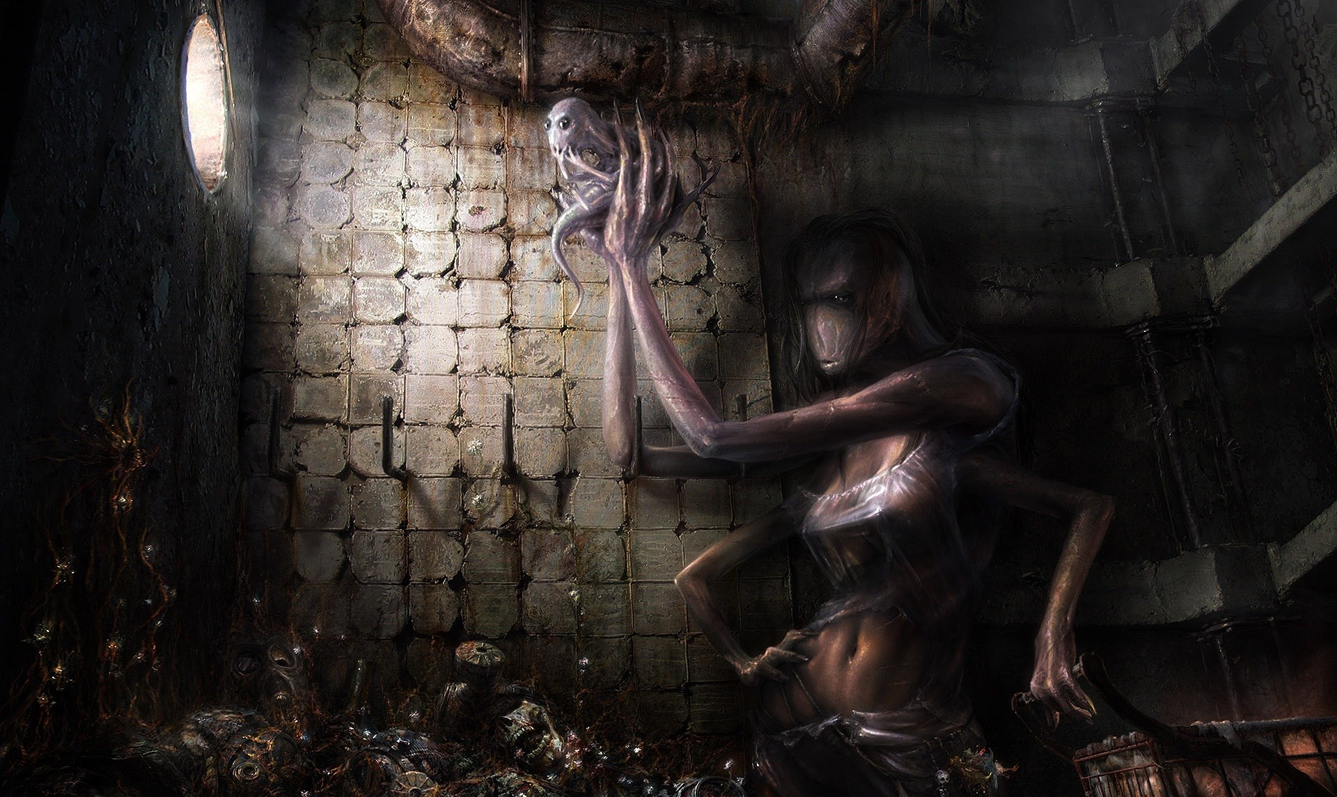 Creature holding a small alien in a dark, grimy room HD Wallpaper