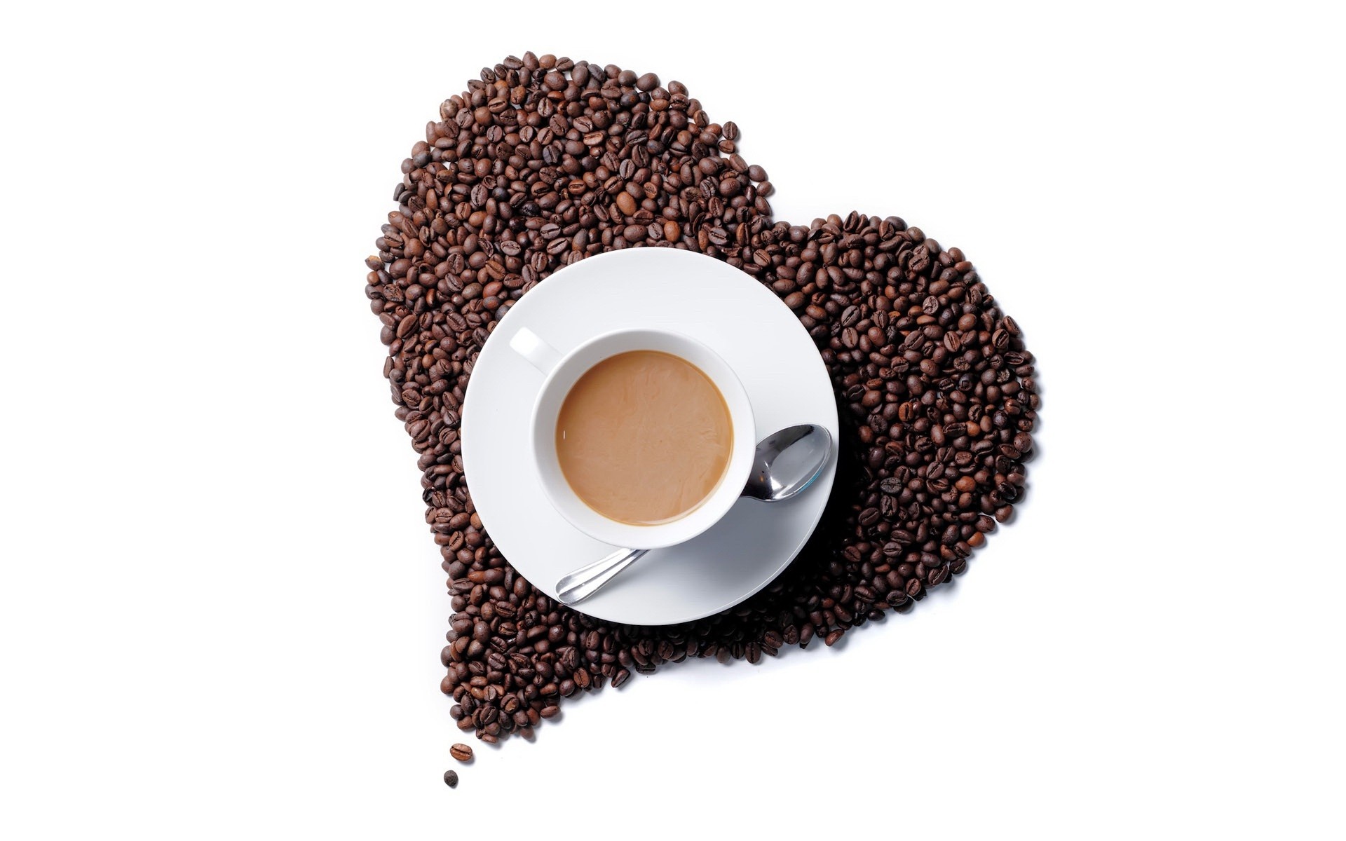 Heart shape made of coffee beans with a cup of coffee HD Wallpaper