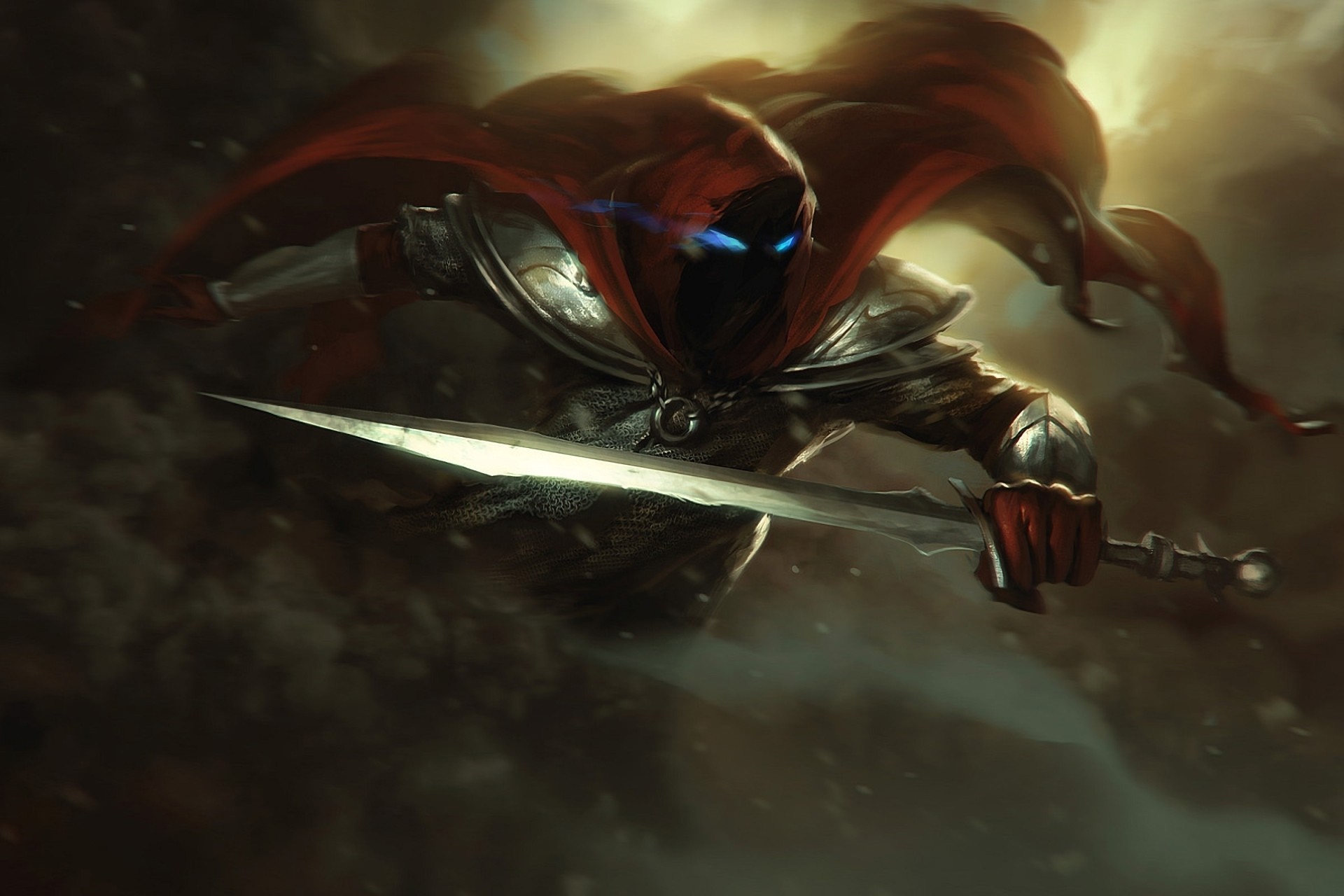 Fantasy warrior with red cloak and glowing eyes holding sword HD Wallpaper