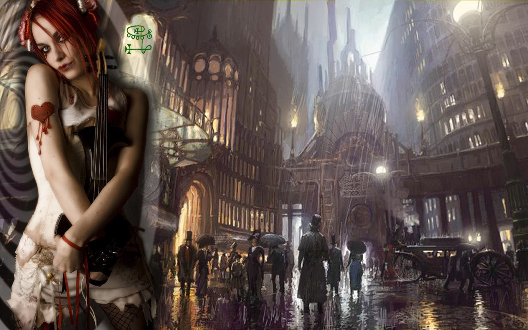 Emilie Autumn with violin in a steampunk city HD Wallpaper