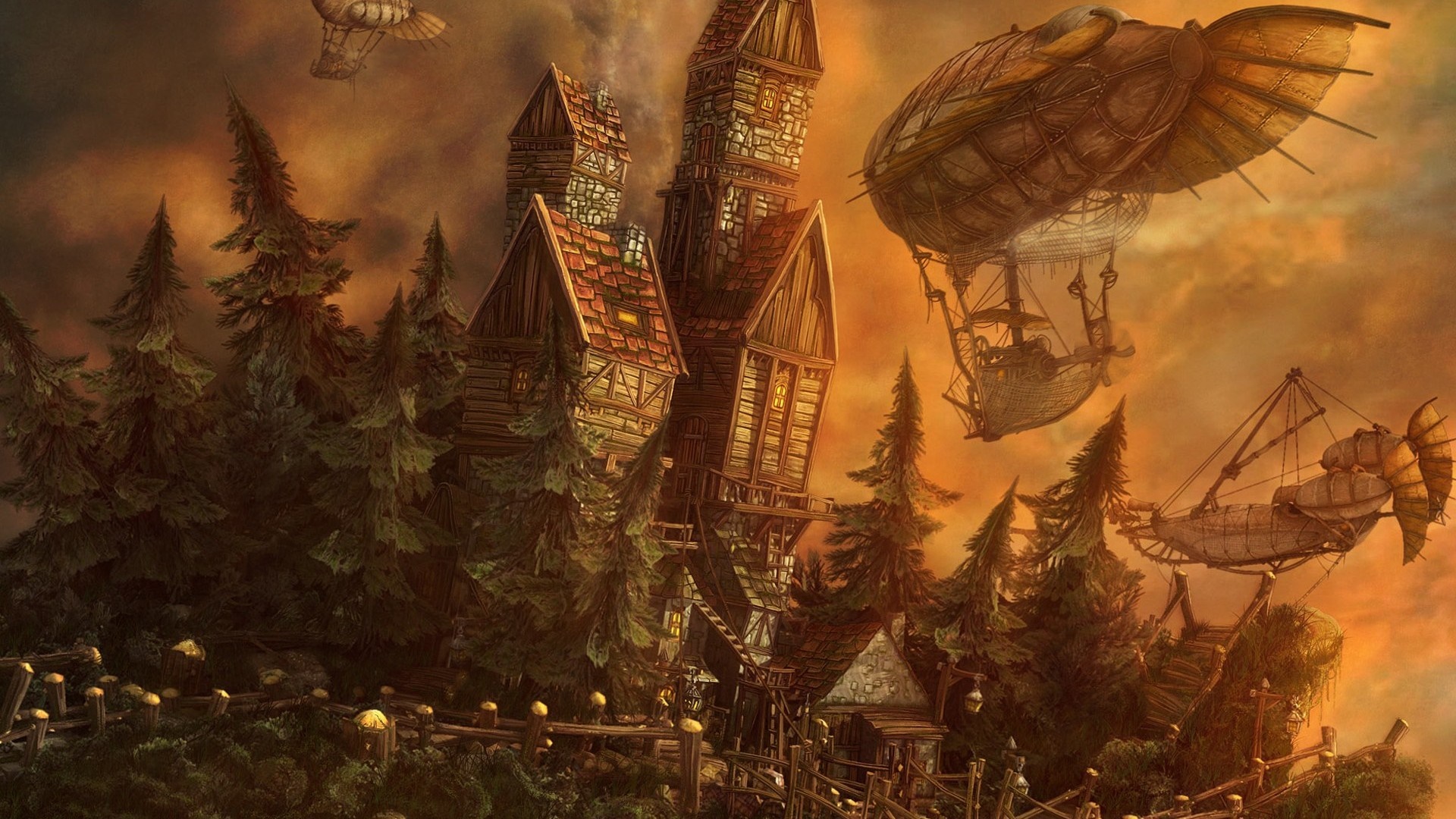 Steampunk village with airships in a forest HD Wallpaper