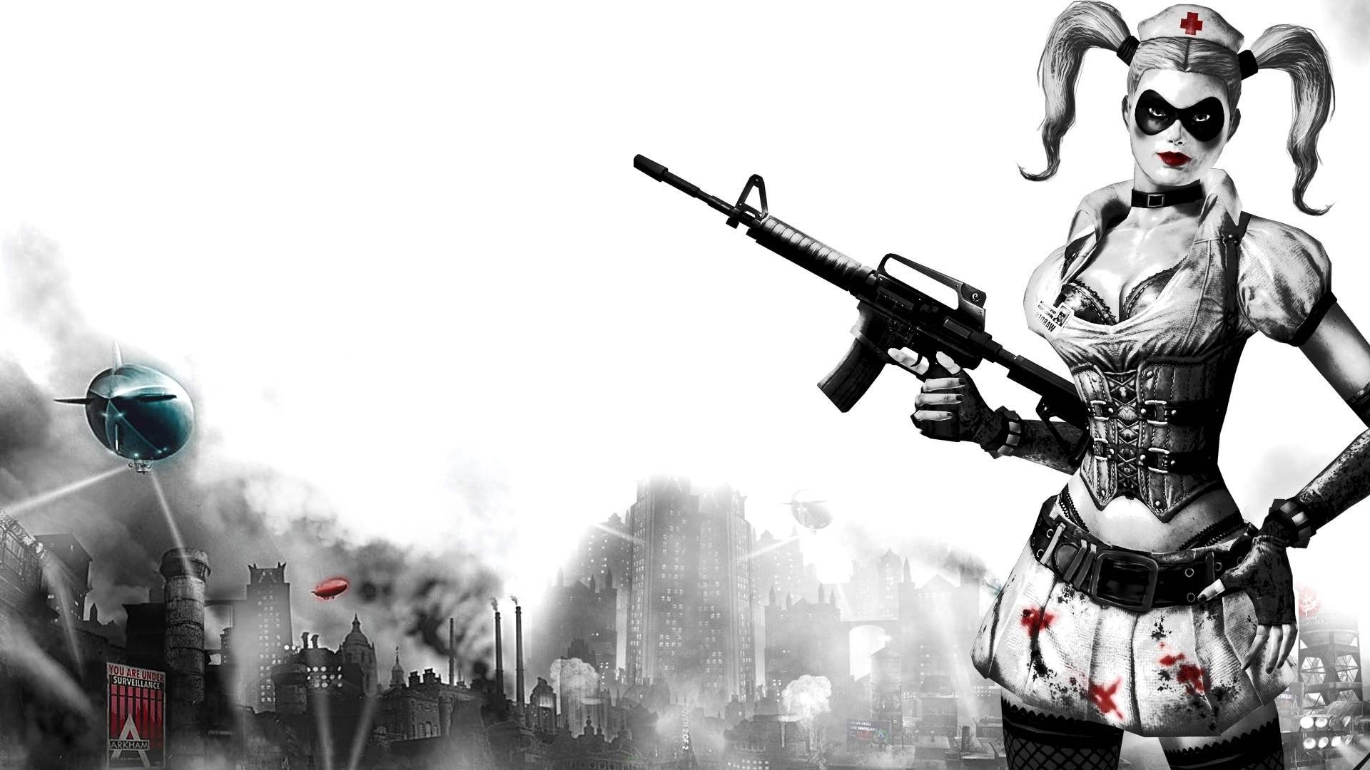 Harley Quinn from Batman holding a rifle in a city HD Wallpaper