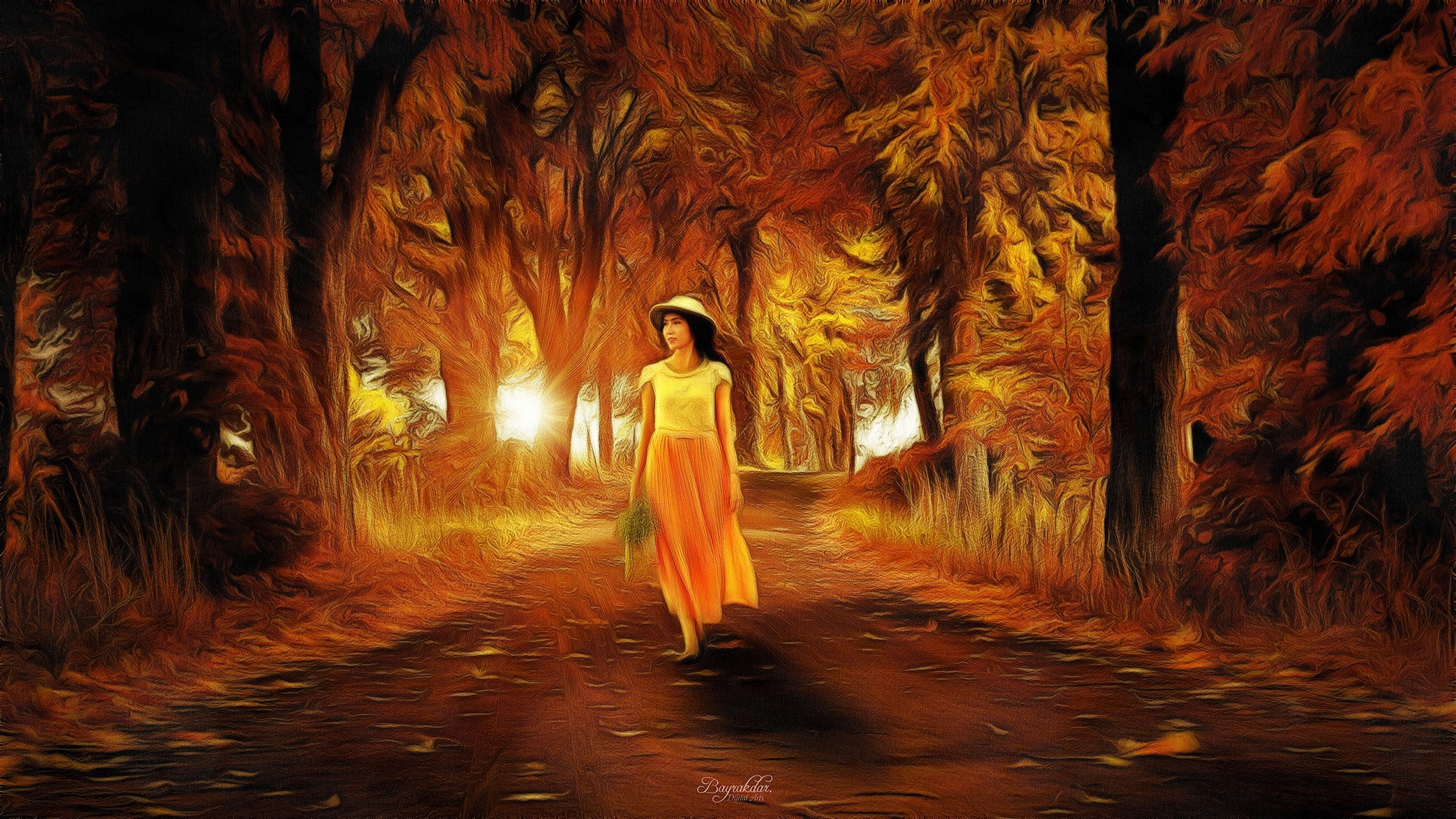 Woman walking on a path in an autumn forest HD Wallpaper