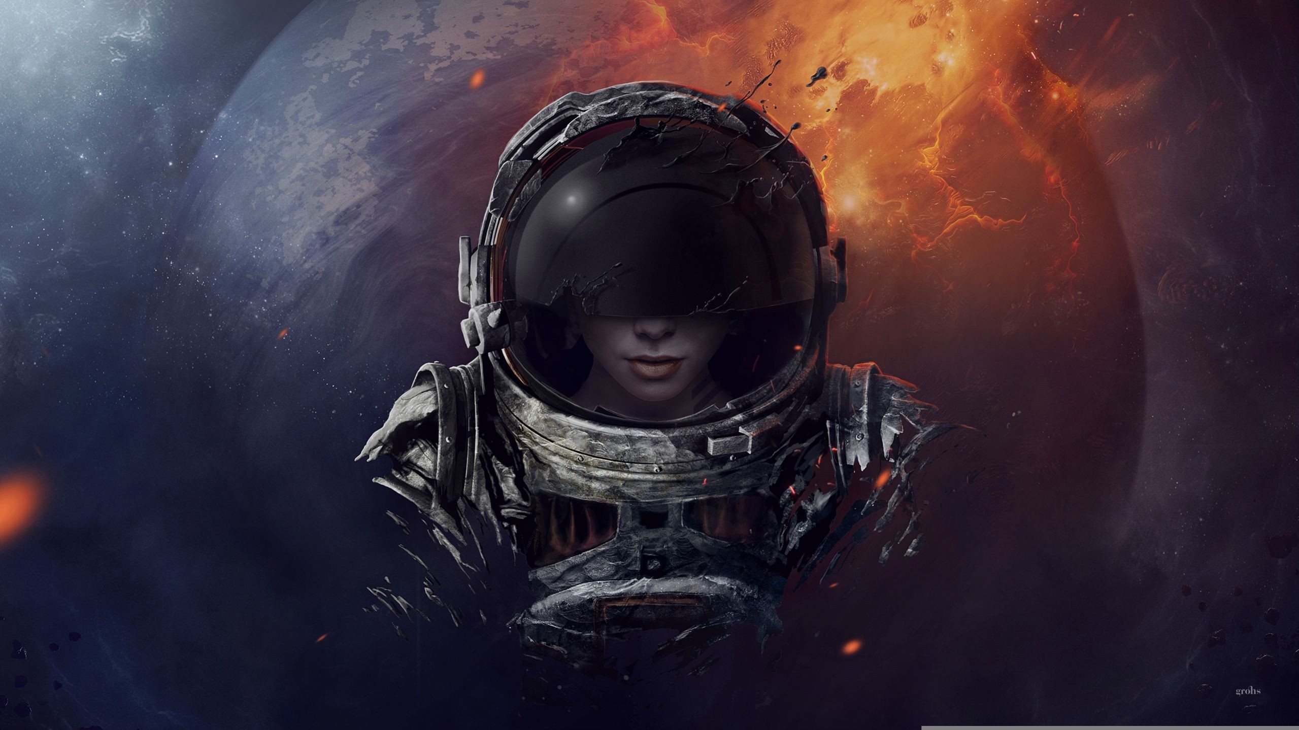 Astronaut with cracked helmet in space with planets HD Wallpaper