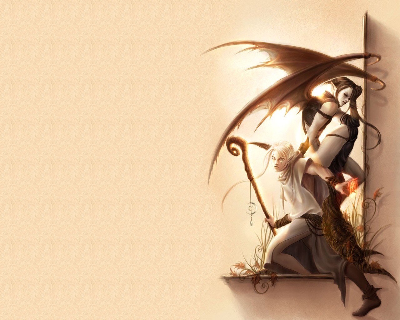 Fantasy illustration of two characters with wings and a staff HD Wallpaper