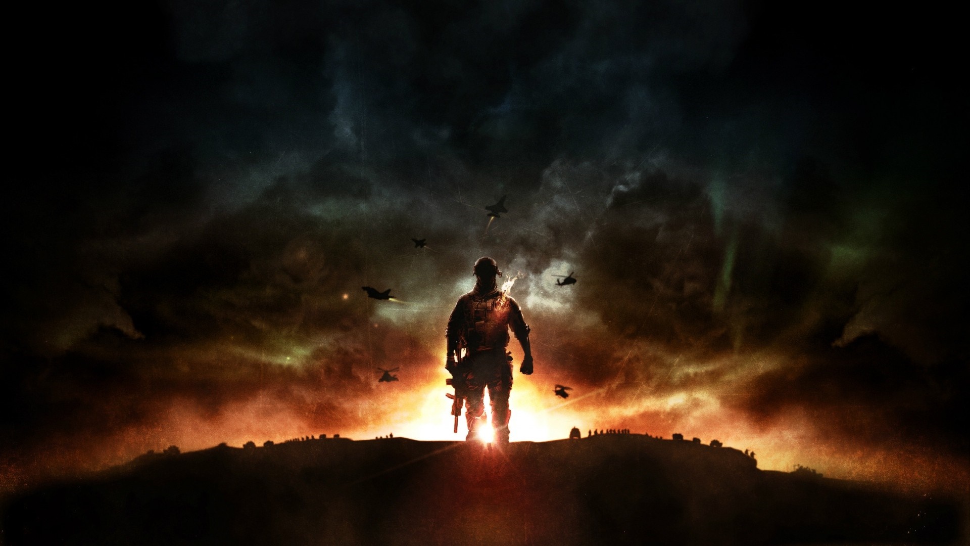 Soldier standing on a hill with aircraft in the sky HD Wallpaper