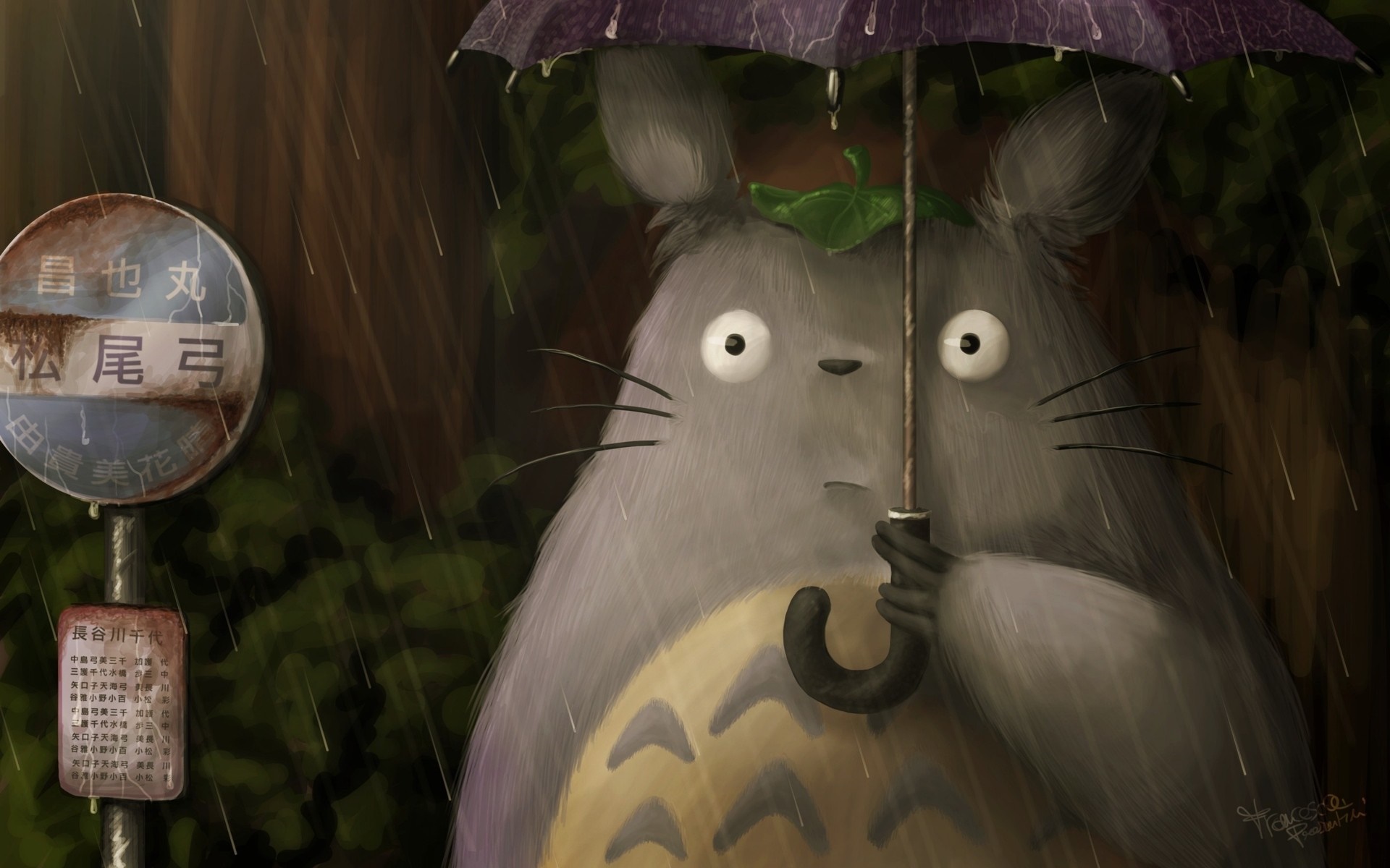 Totoro holding an umbrella at a bus stop in the rain HD Wallpaper