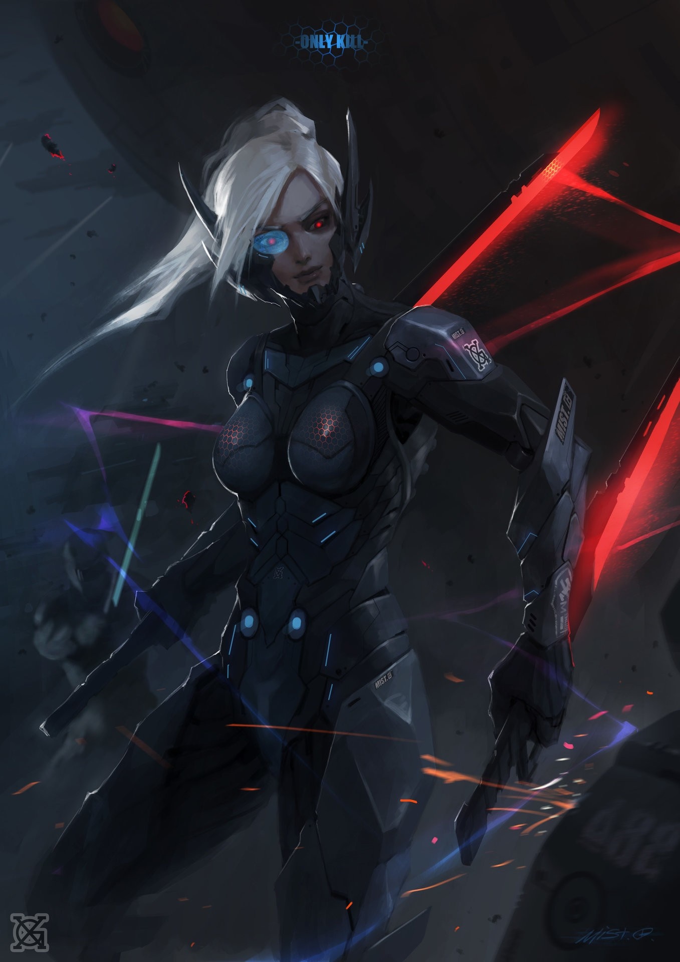 Cyberpunk warrior with glowing swords HD Wallpaper