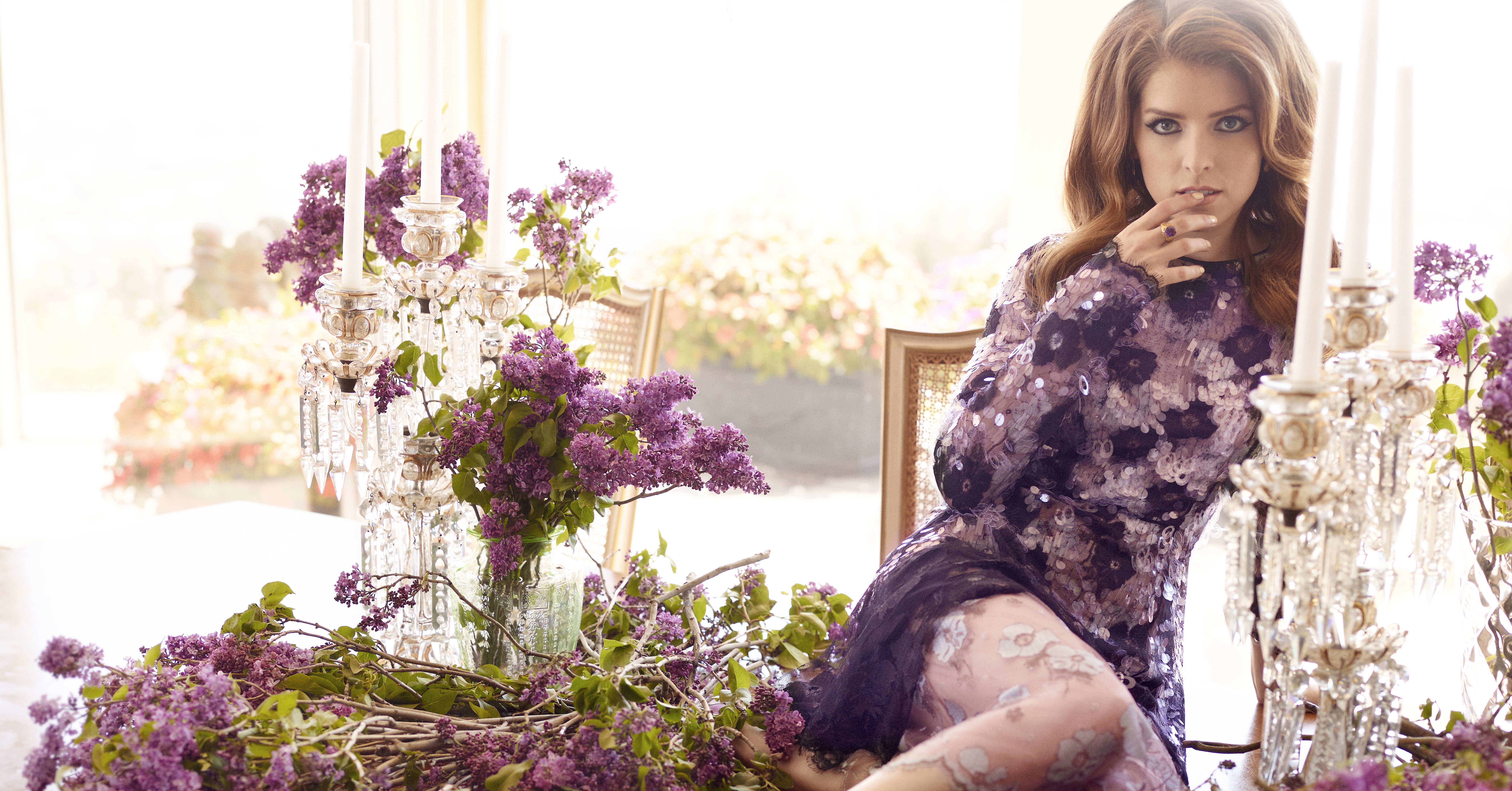 Anna Kendrick in a floral dress with lilacs HD Wallpaper