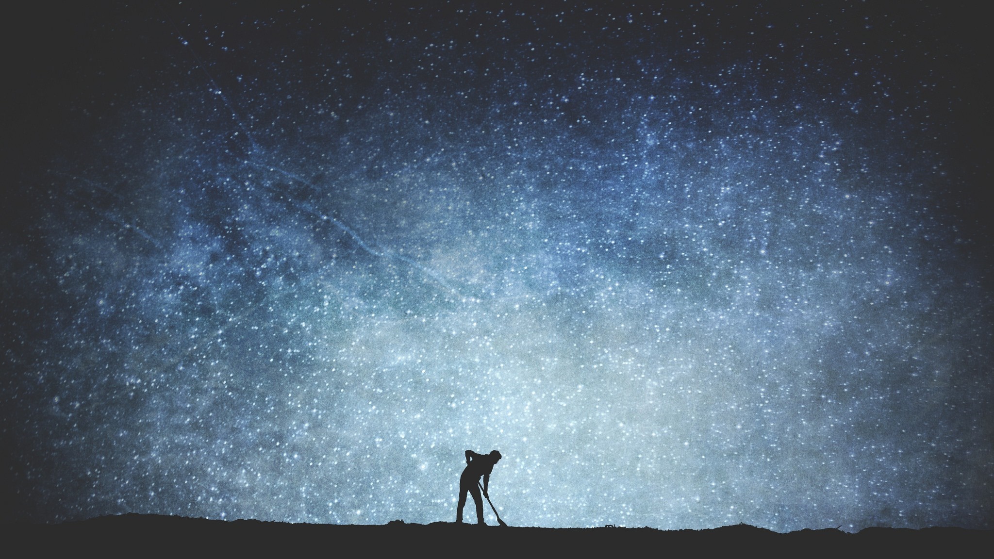Silhouette of a person digging under the Milky Way HD Wallpaper