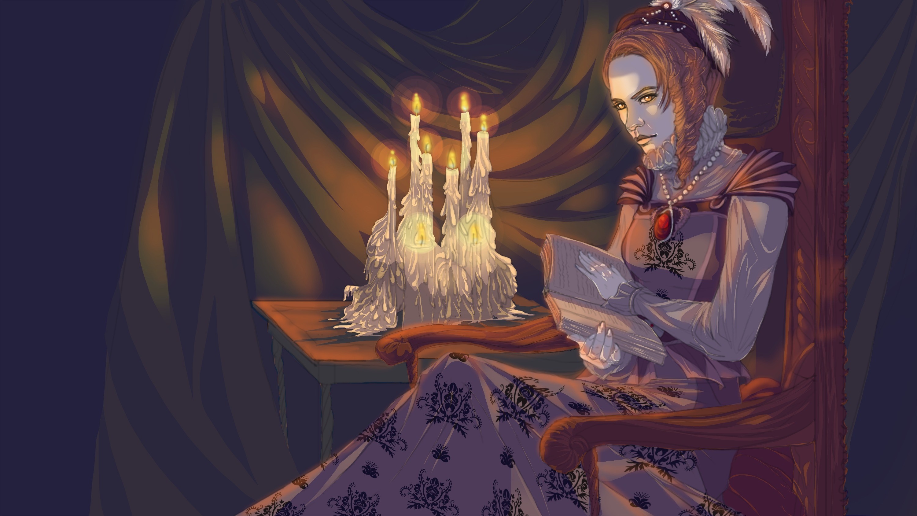 Woman in ornate dress reading by candlelight HD Wallpaper